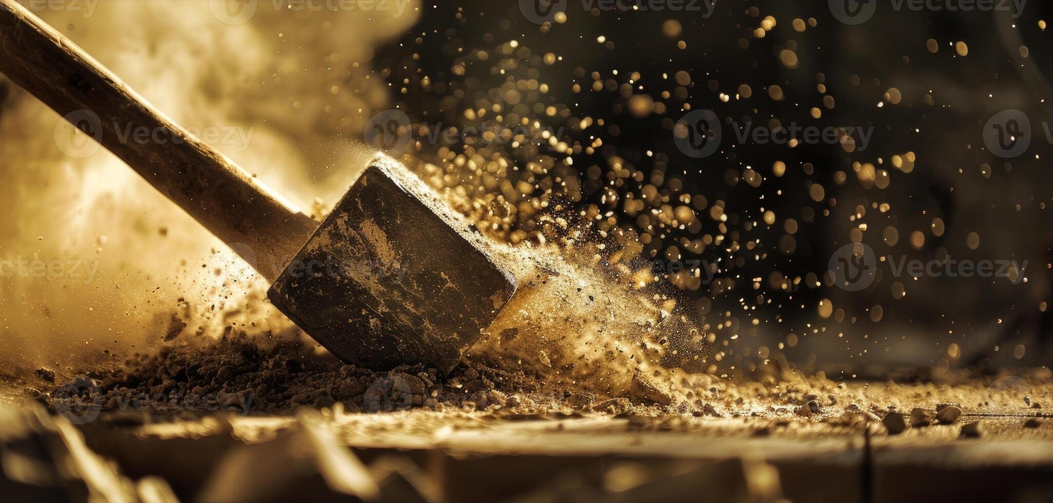 Staub fliegend wie ein Backstein Hammer Streiks ein perfekt gemeißelt Stück in Position foto