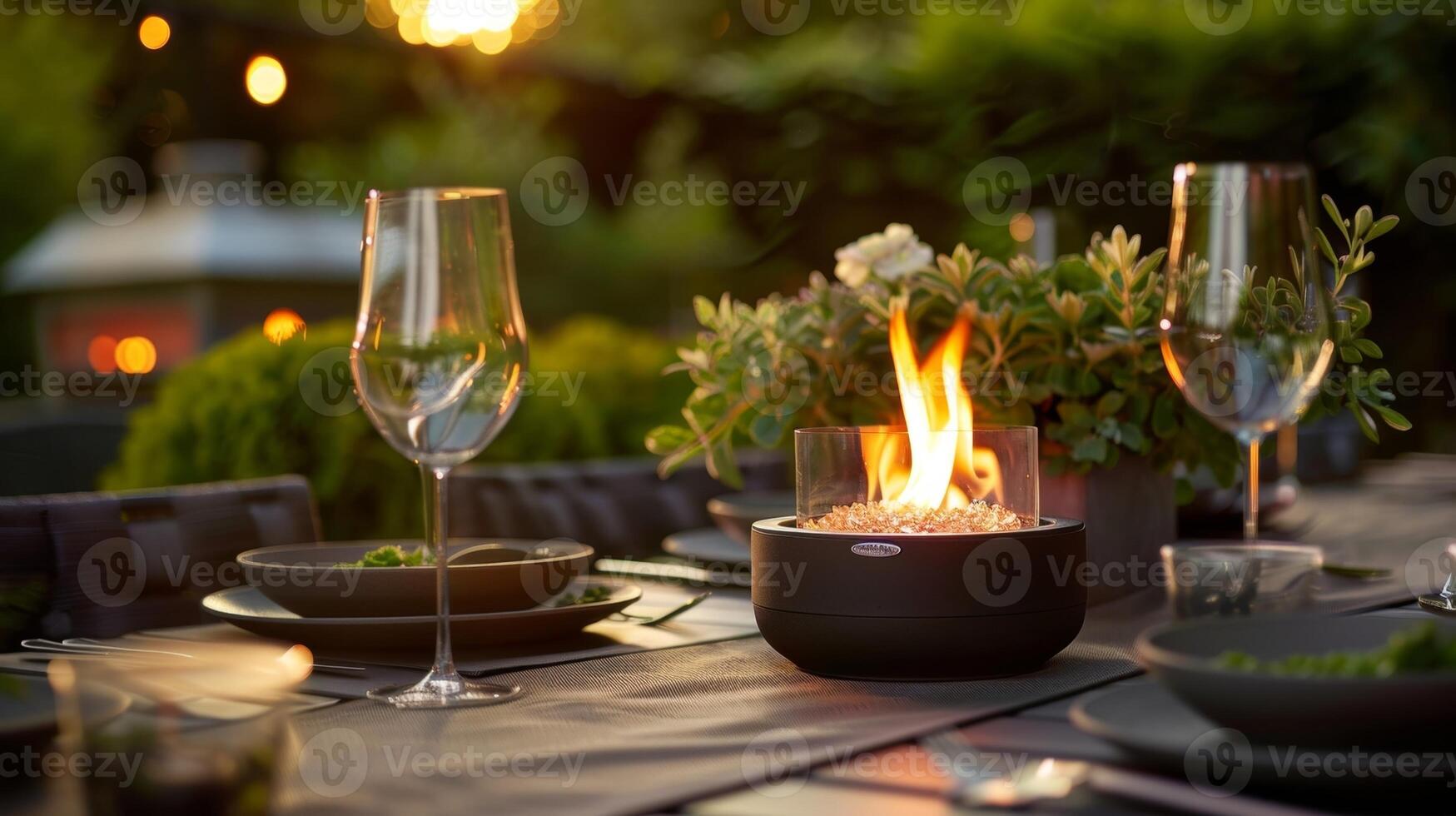 ob Essen draußen auf ein warm Sommer- Nacht oder ein kühl fallen Abend das Tischplatte Kamin fügt hinzu das perfekt Menge von Ambiente. 2d eben Karikatur foto