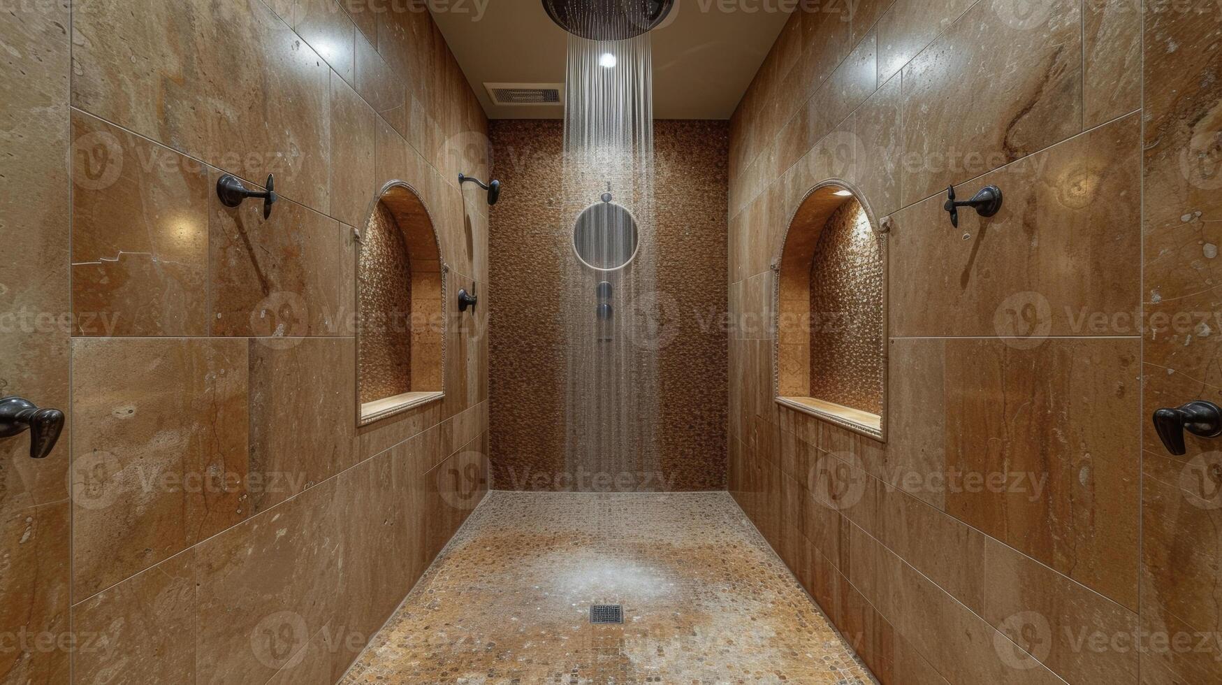 Schritt in Ihre besitzen persönlich Spa mit diese atemberaubend reingehen Dusche präsentieren elegant Marmor Fliesen und ein Kaskadierung Regenfall Duschkopf foto