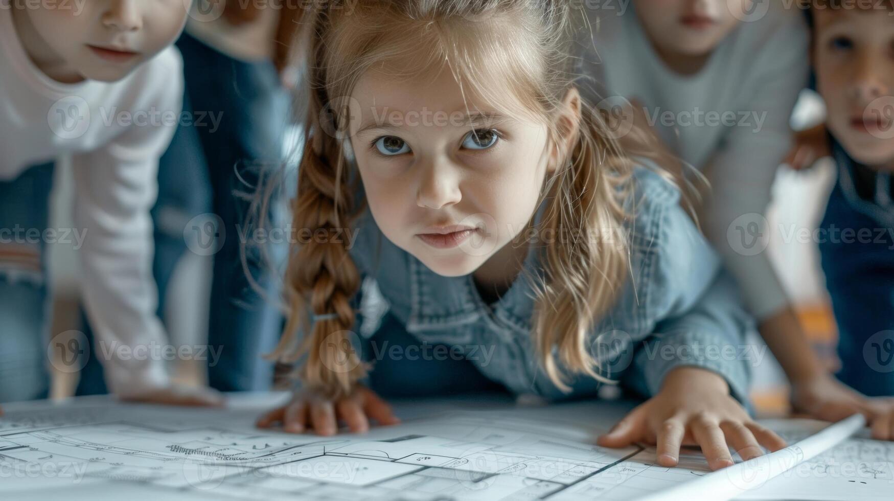 ein wenig Mädchen duckt sich Nieder zu erhalten ein näher aussehen beim das kompliziert Einzelheiten von ein Entwurf während andere Kinder versammeln um ihr im Staunen foto