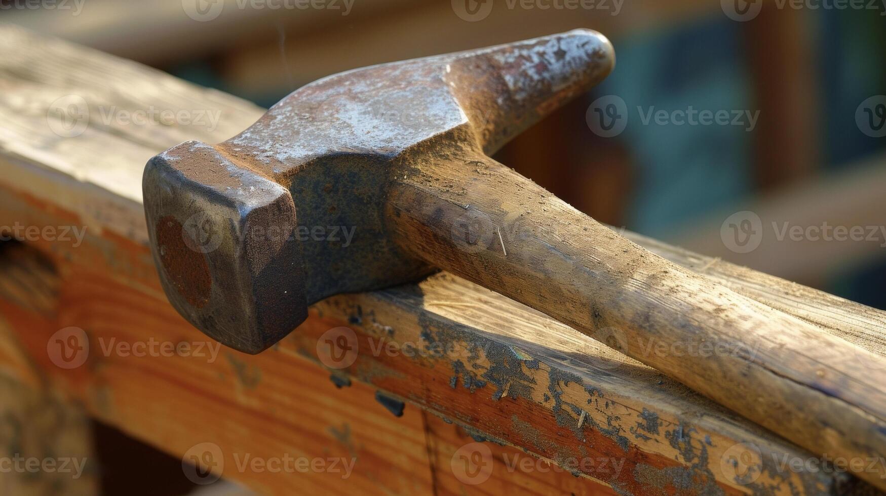 ein getragen und beliebt Hammer markiert mit Jahre von verwenden Streiks ein Nagel mit Experte Präzision wie es sichert ein Neu Geländer im Platz foto