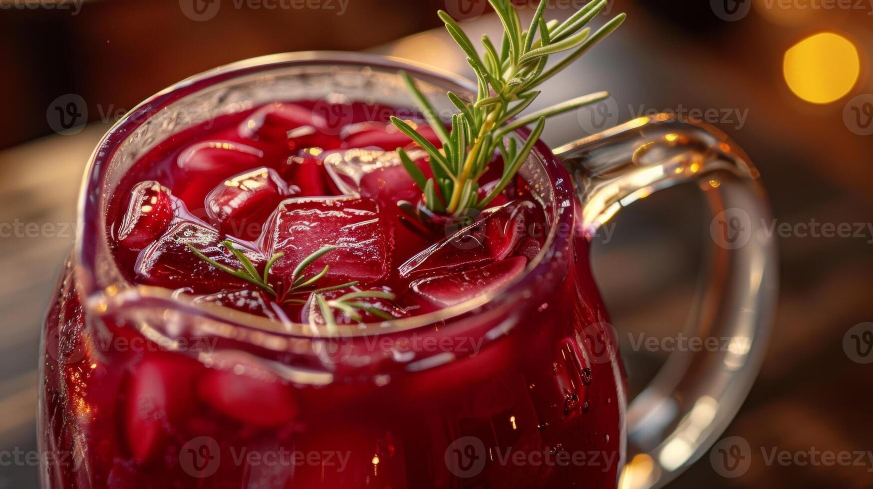 ein Glas Krug gefüllt mit ein tief rot Granatapfel Cocktail mit ein Zweig von Rosmarin wie Garnierung foto