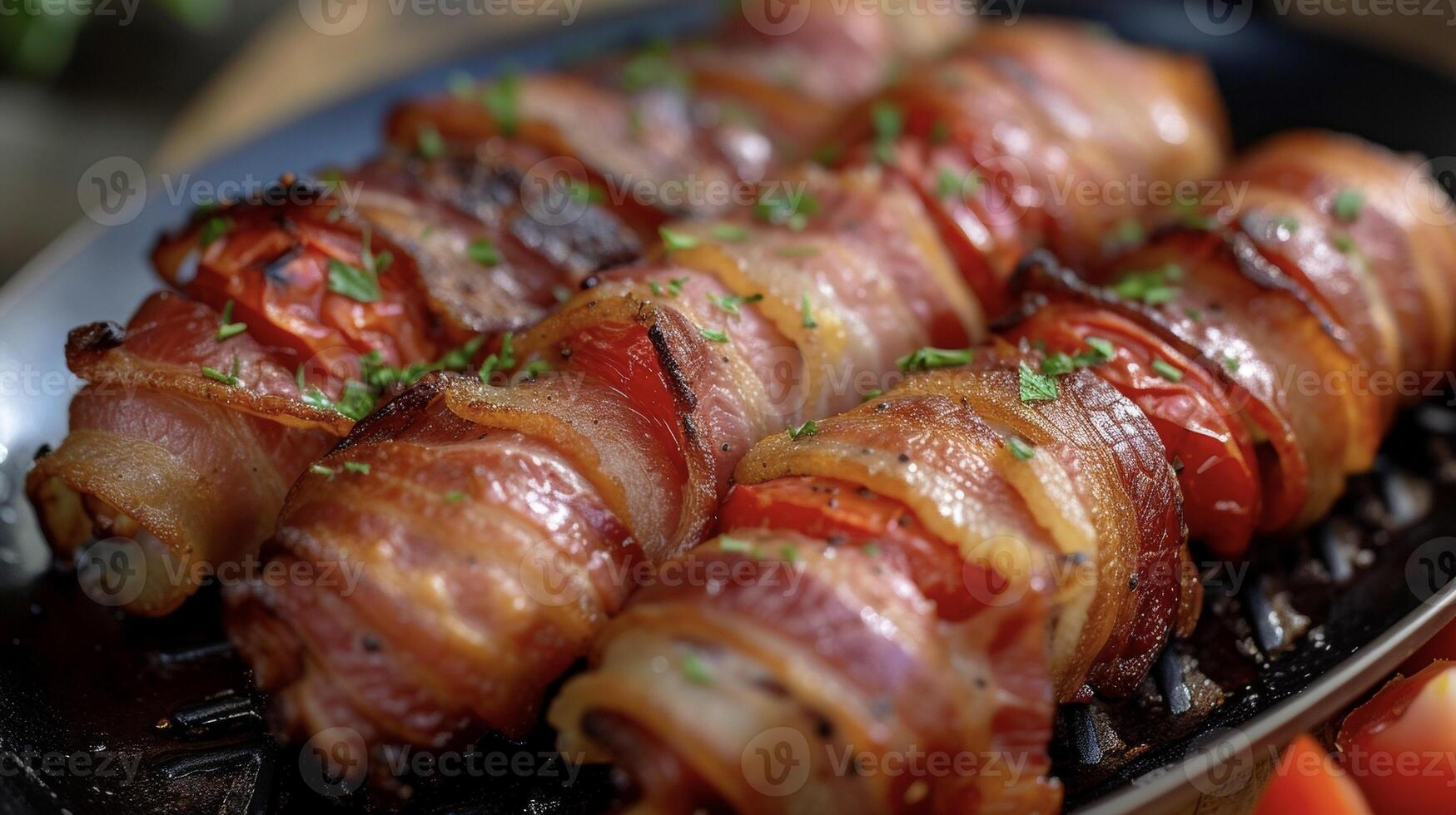 ein unwiderstehlich Teller von gegrillt Speck wickeln mit dünn Scheiben von Speck dicht eingewickelt um ein saftig Center und gekocht Über ein heiß Grill zum ein knackig Außen foto