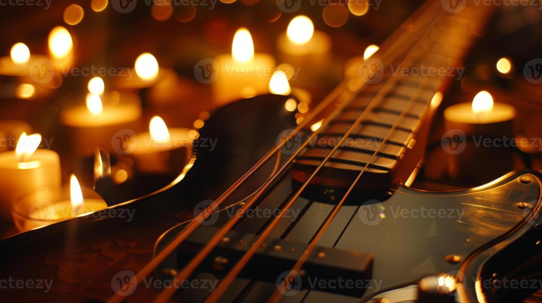das Reich tief Töne von das Bass Gitarre Resonanz mit das warm glühen von das Kerzen. 2d eben Karikatur foto