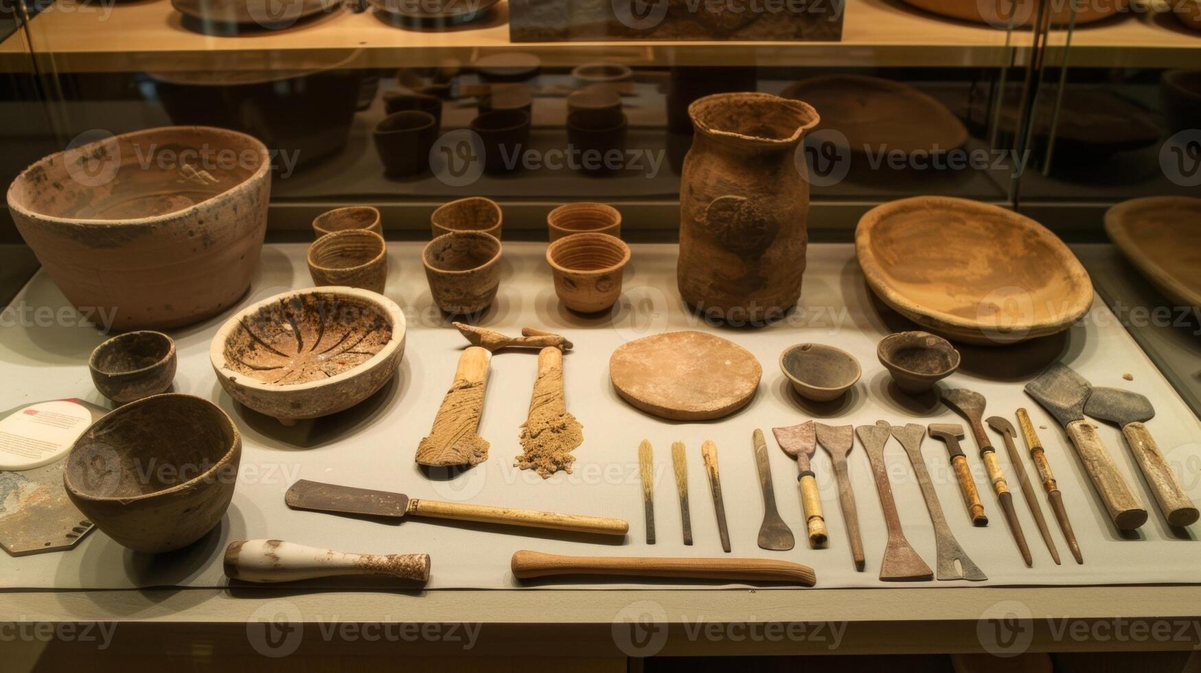 ein Anzeige von verschiedene Werkzeuge und Materialien benutzt im fortgeschritten Töpfern von Gestaltung Rippen zu Glasuren. foto