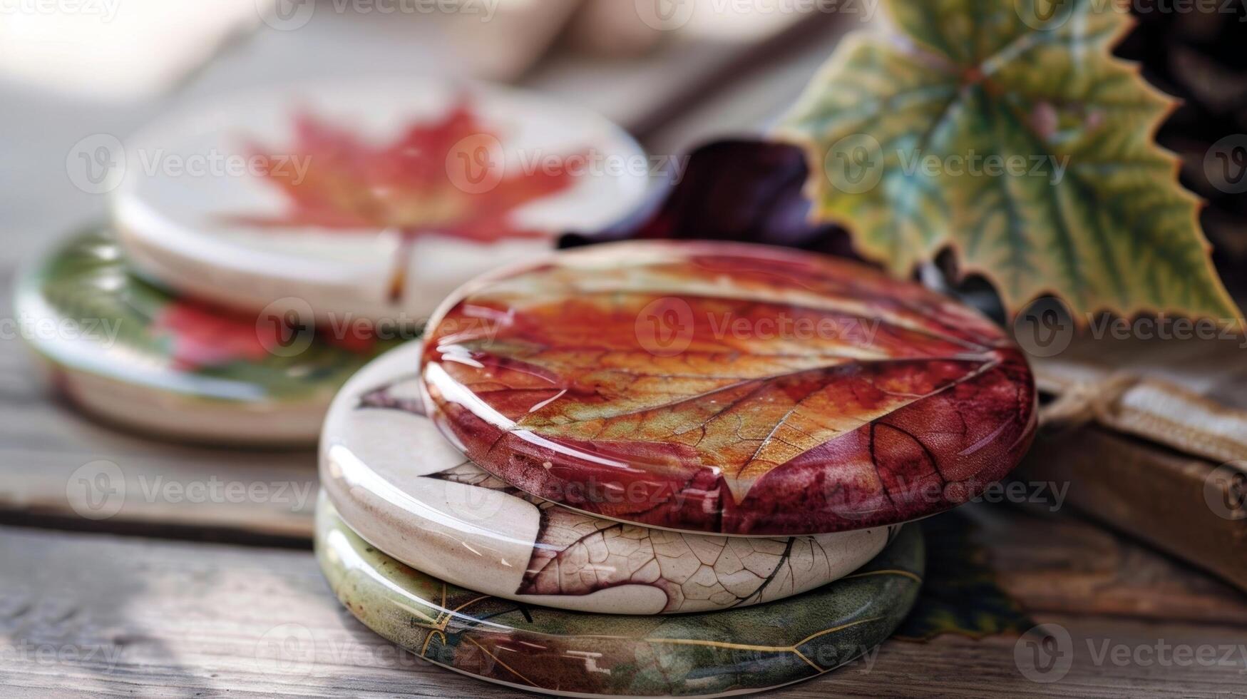 ein einstellen von Keramik Untersetzer jeder mit ein anders Design abbilden das Ändern Farben von Herbst Blätter das perfekt Weg zu hinzufügen ein berühren von das Jahreszeit zu Ihre Kaffee Tisch. foto
