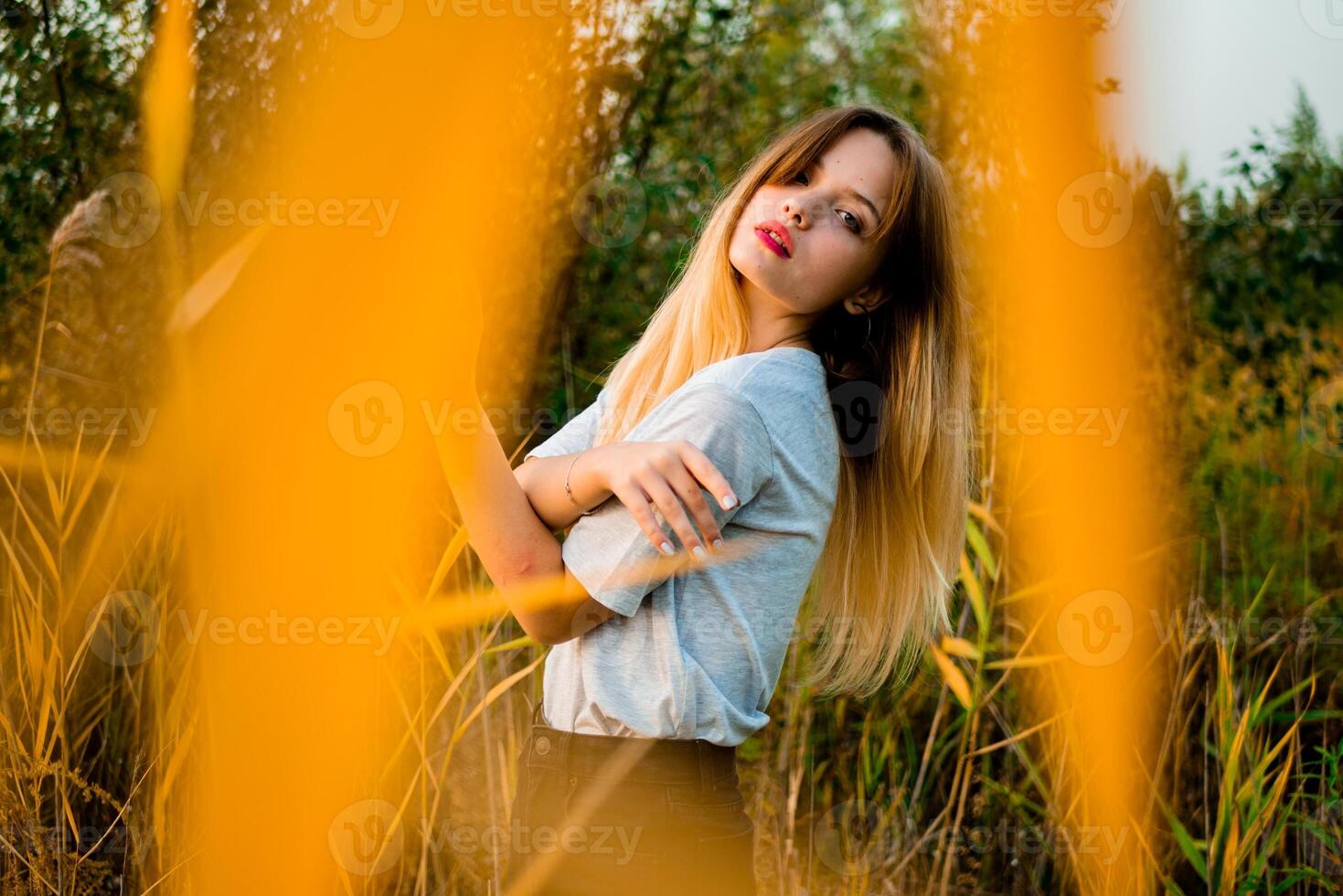 schön jung Mädchen tragen leer grau T-Shirt und schwarz Jeans posieren gegen hoch Grün und Gelb Gras im früh warm Herbst. draussen Porträt von schön weiblich Modell- foto