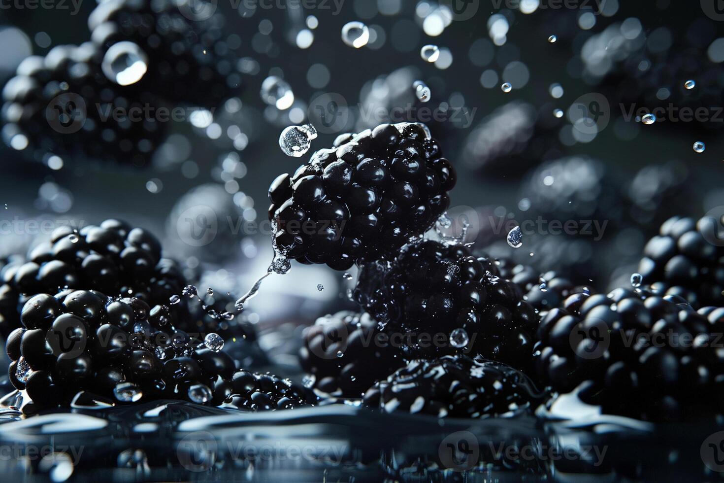 Brombeeren stolpern auf zu ein glänzend schwarz Oberfläche, hoch Kontrast Beleuchtung foto