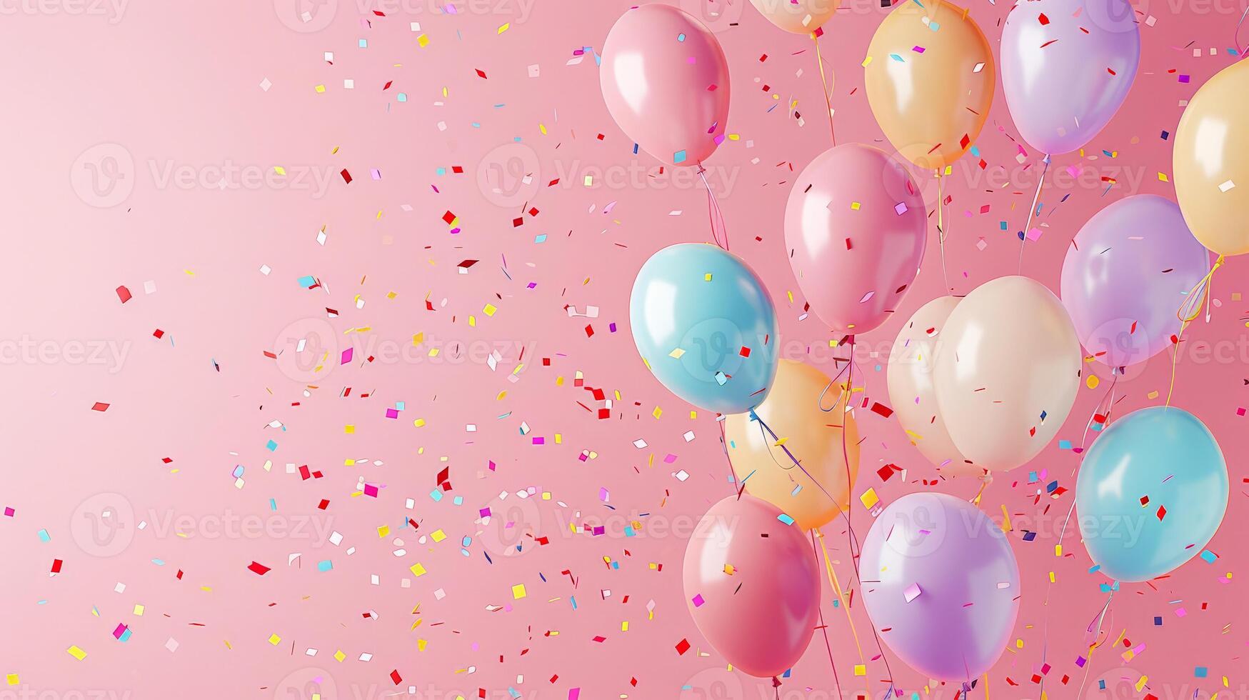 festlich Hintergrund mit Pastell- Luftballons und mehrfarbig Konfetti auf ein Rosa Gradient foto