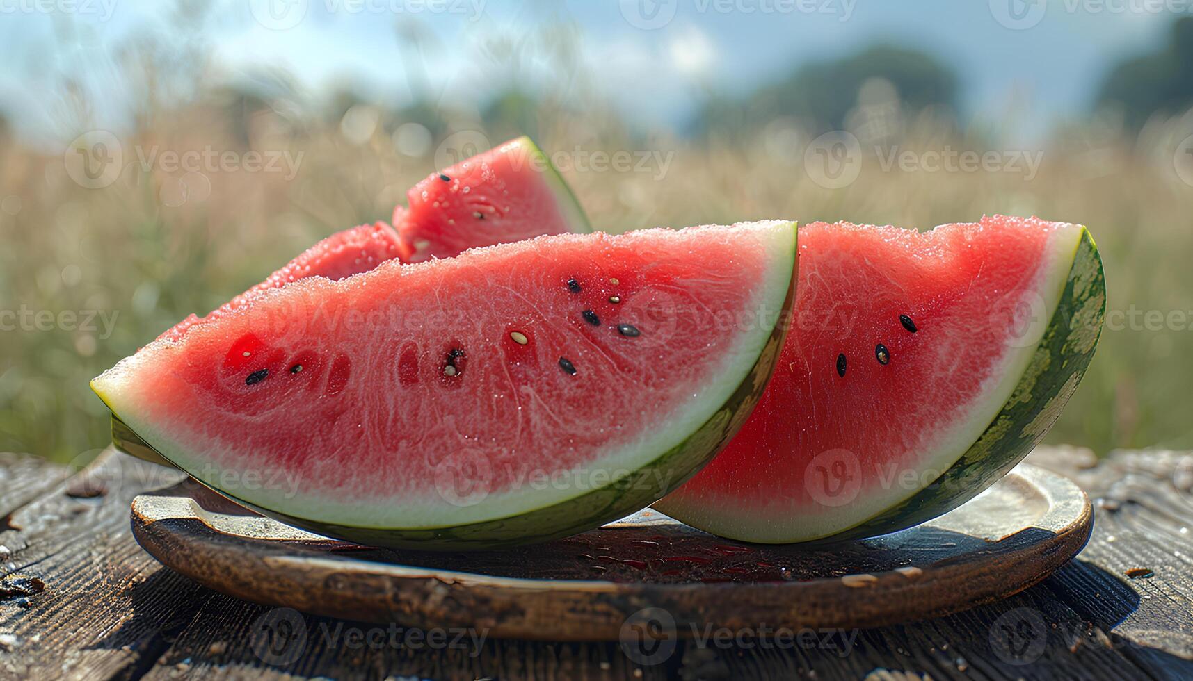 Wassermelone auf Platte. Wassermelone Scheiben auf ein Teller auf hölzern Tabelle während Sommer. Wassermelone Nahansicht wie erfrischend Essen foto