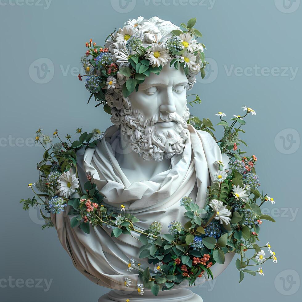 uralt griechisch Büste von ein Mann eingewickelt im Blumen. uralt griechisch Statue von ein bärtig Kaiser isoliert auf Blau Hintergrund. uralt römisch die Architektur foto