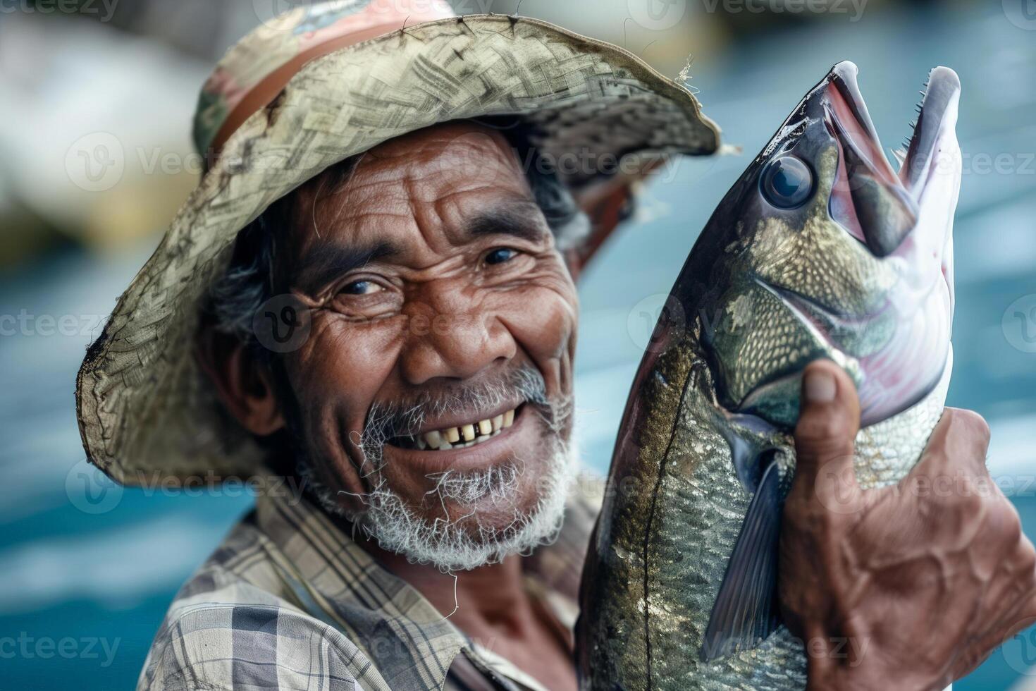 Fischer tragen ein traditionell Hut, halten ein groß frisch gefangen Fisch, Stolz und Befriedigung im seine Augen foto