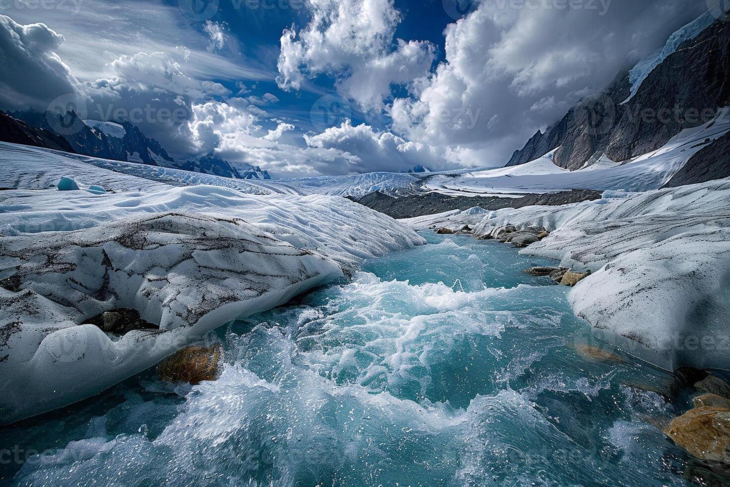 Strom von schmelzen Gletscher Wasser, zeigen schnell fließen fällig zu übermäßig Hitze, Hervorheben Klima Veränderung Einschlag foto