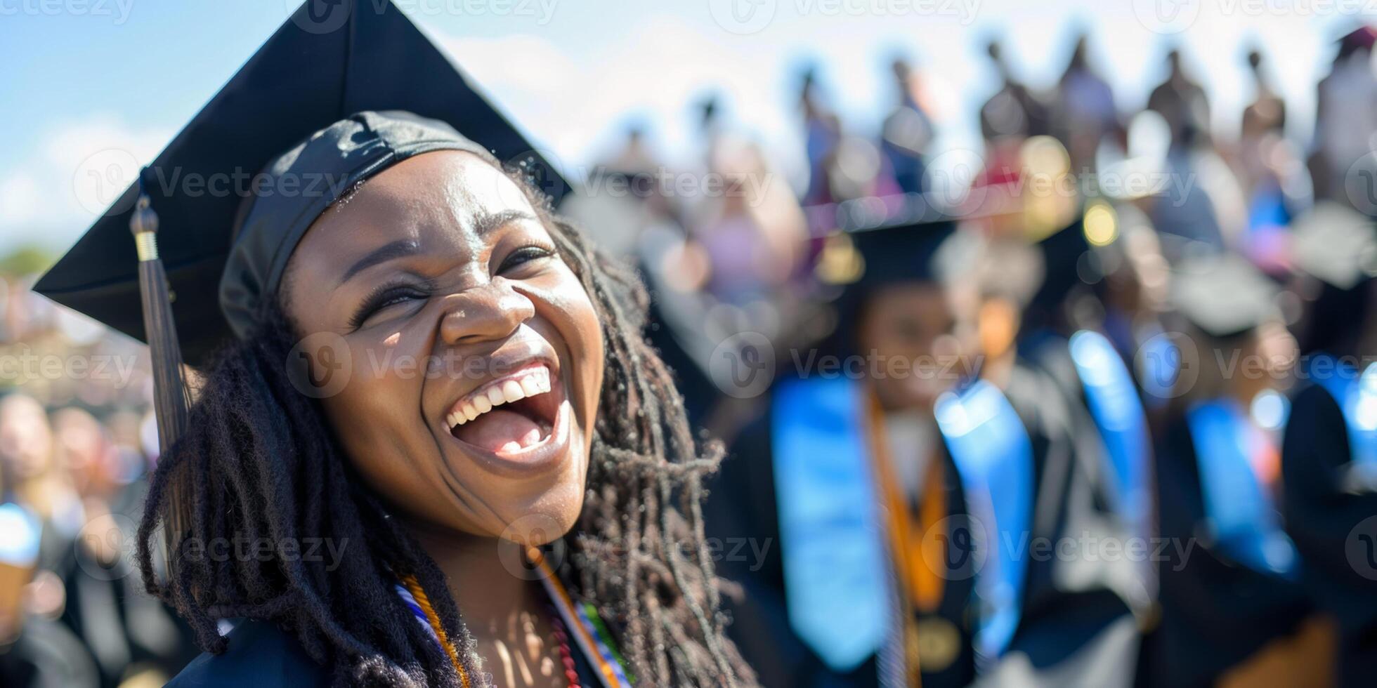 froh jung schwarz Frau im Deckel und Kleid Lachen, mit ein Menge von Absolventen im das Hintergrund foto