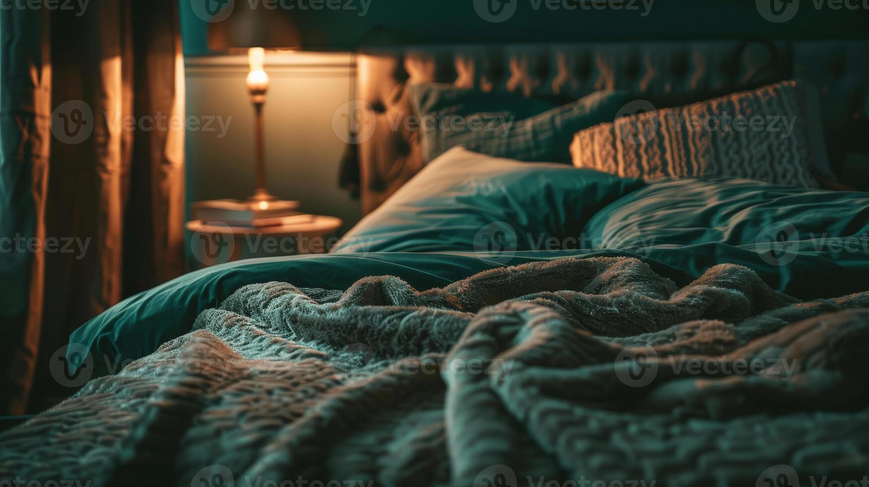 gemütlich Schlafzimmer Innere mit zerknittert Bett Bettwäsche und warm Bett Lampe, vermitteln Komfort und Entspannung, geeignet zum Themen mögen Welt Schlaf Tag oder Zuhause Dekor foto