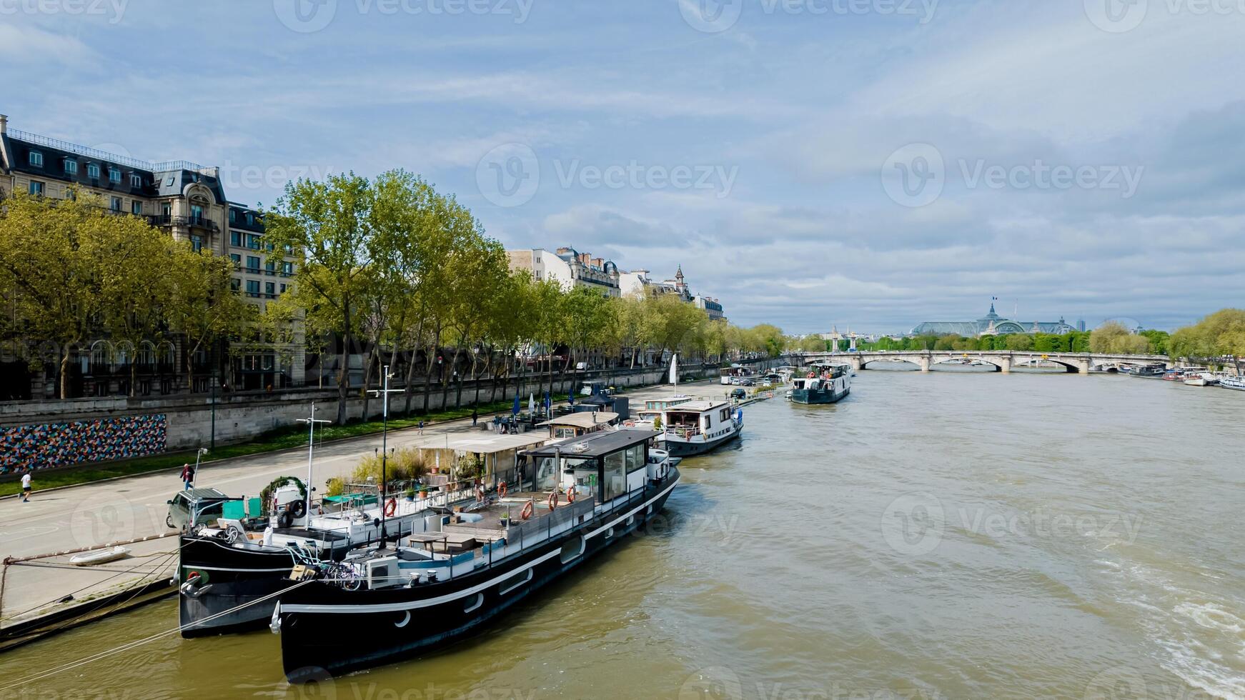 szenisch Aussicht von Seine Fluss mit festgemacht Boote und Pariser die Architektur, Ideal zum Reise Themen und Bastille Tag Feierlichkeiten foto