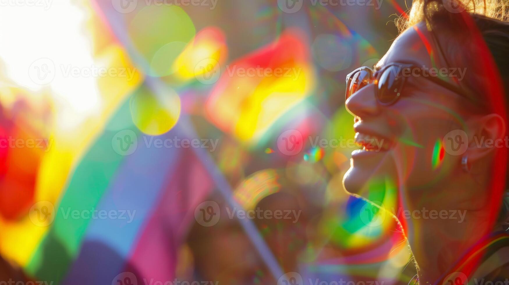 froh Frau mit Sonnenbrille genießen ein beschwingt draussen Festival, gebadet im Sonnenlicht und Bokeh, Inbegriff Sommer, Musik- Veranstaltungen, und International Tag von Glück foto