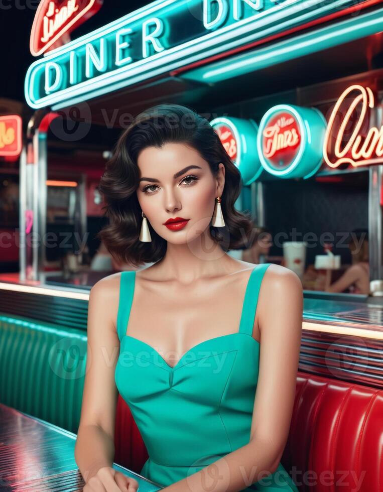 elegant Frau im ein blaugrün Kleid posieren selbstbewusst beim ein retro Abendessen, hervorrufen das klassisch Americana Stimmung und perfekt zum 1950er Jahre Nostalgie Themen foto