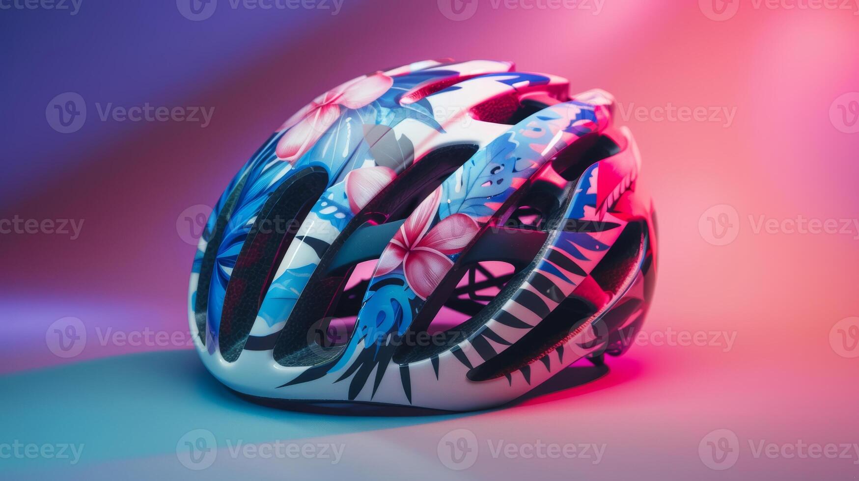 stilvoll Fahrrad Helm mit Blumen- Design, isoliert auf ein Gradient Hintergrund foto