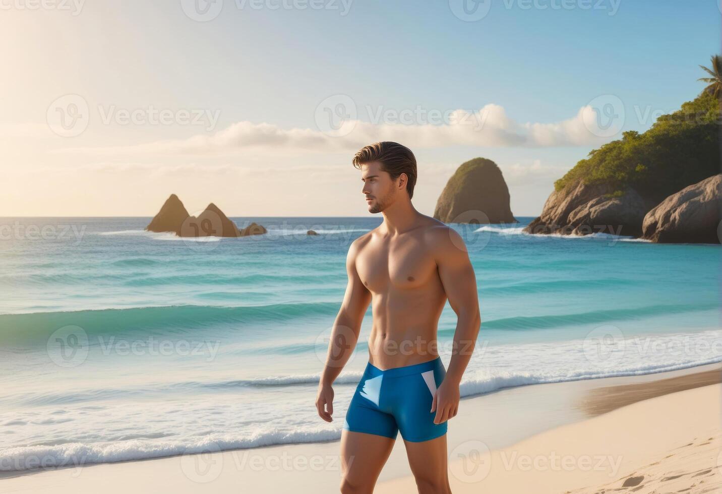 passen jung Mann im Badebekleidung Stehen auf ein tropisch Strand beim Sonnenaufgang, hervorrufen Konzepte von Sommer- Urlaube, Fitness, und Entspannung foto