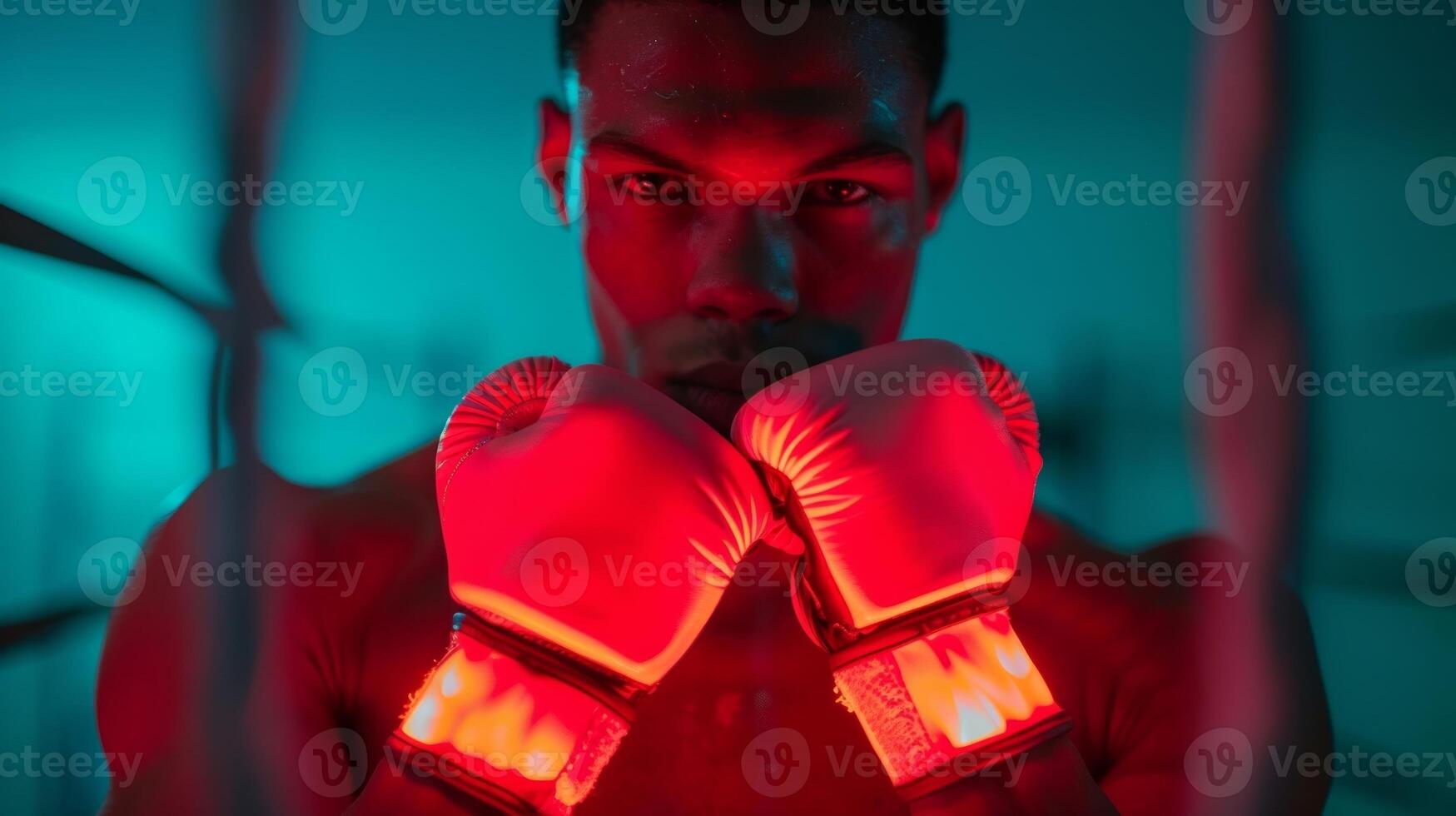 ein Boxer mit ein Infrarot Licht Therapie Gerät auf ihr Hände zu reduzieren Schwellung und Boost Verkehr. foto