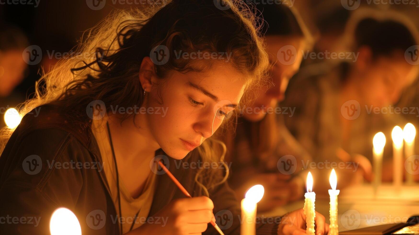 das flackern Kerzen Besetzung ein romantisch glühen auf das Gesichter von das Klasse ihr Konzentration offensichtlich wie Sie Arbeit auf ihr Meisterwerke. 2d eben Karikatur foto