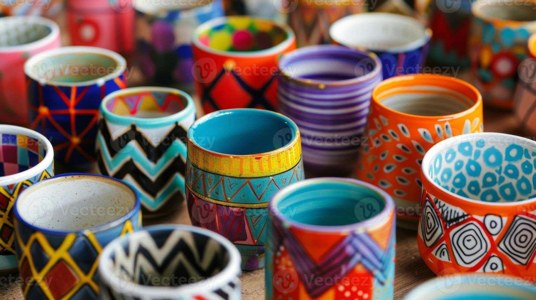 ein Sammlung von Miniatur Tassen jeder einer handgemalt mit beschwingt Farben und geometrisch Muster. foto