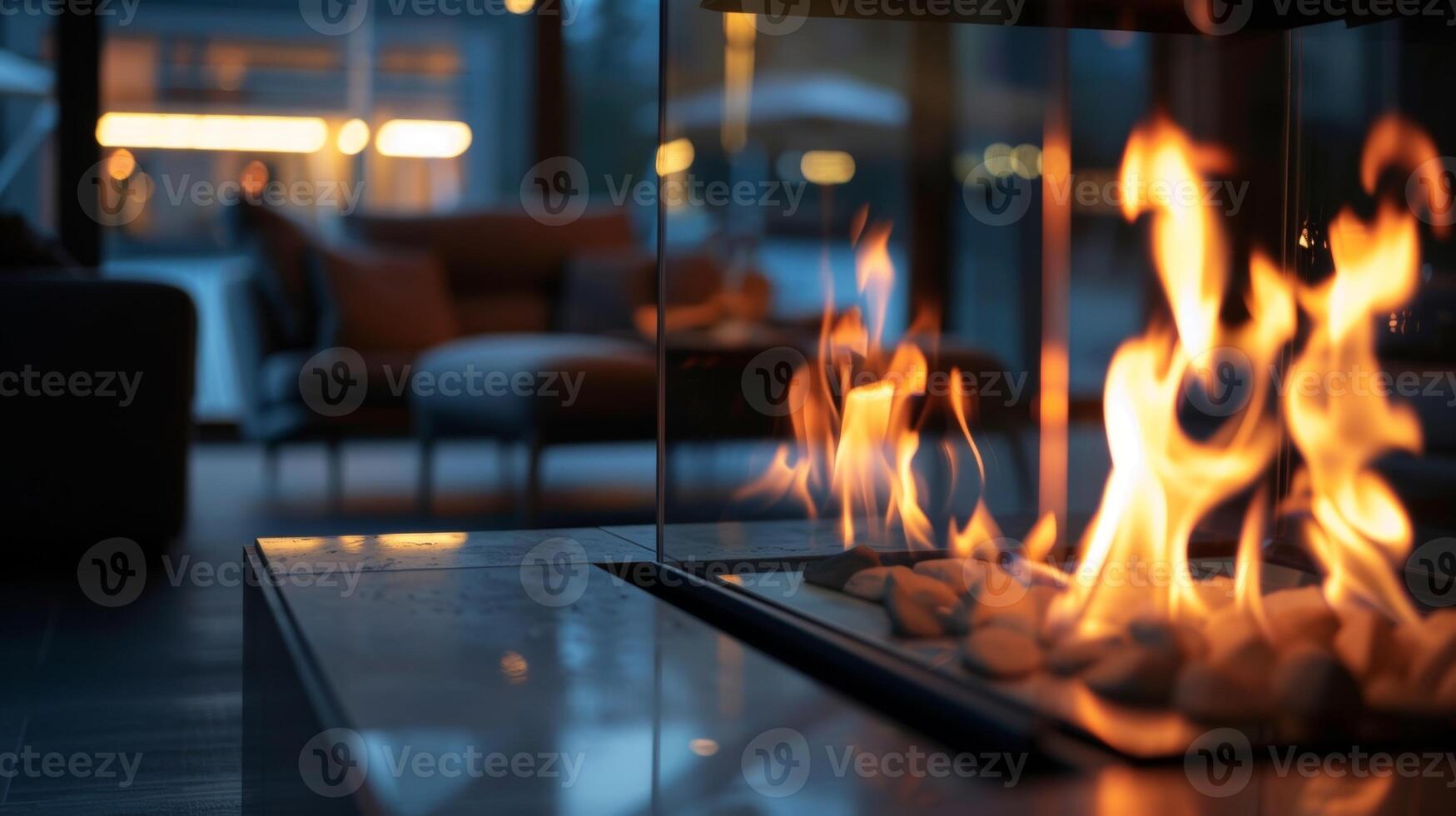 Flammen tanzen und flackern Innerhalb das glatt Glas Gehege von das Kamin Gießen ein Sanft glühen auf das Räume dunkel Holz Möbel. 2d eben Karikatur foto