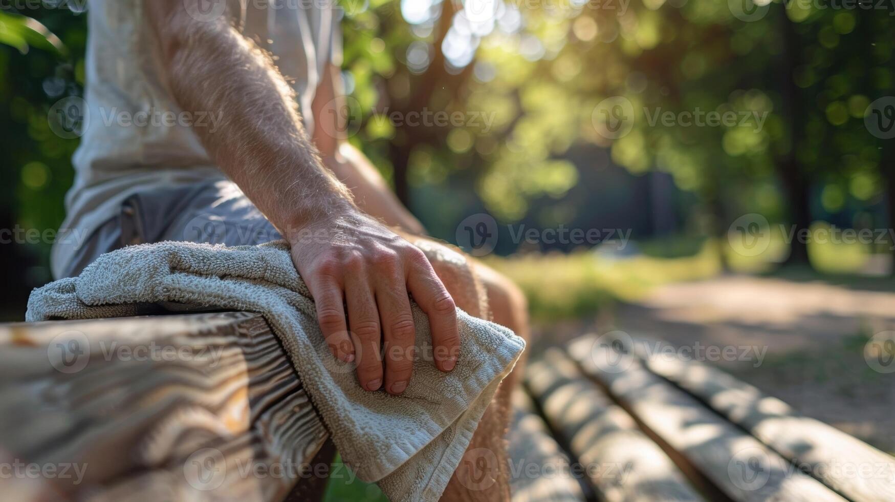 ein Individuell mit ein Handtuch wie ein Barriere zwischen ihr Haut und das hölzern Bank wie pro Etikette Richtlinien. foto