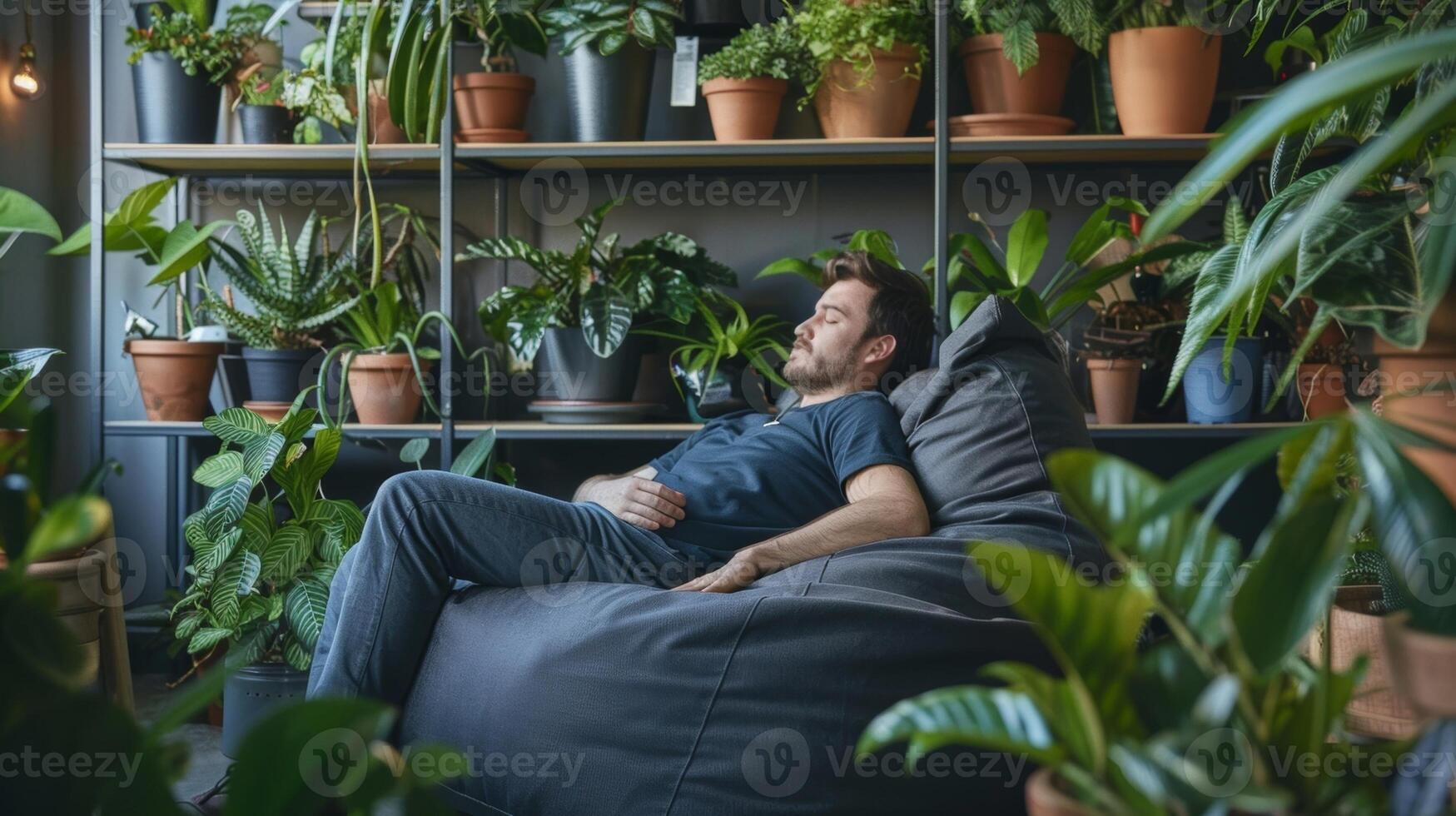 ein Mann entspannt sich auf ein Sitzsack Stuhl umgeben durch Regale von Innen- Pflanzen Das er liebevoll kümmert sich zum foto