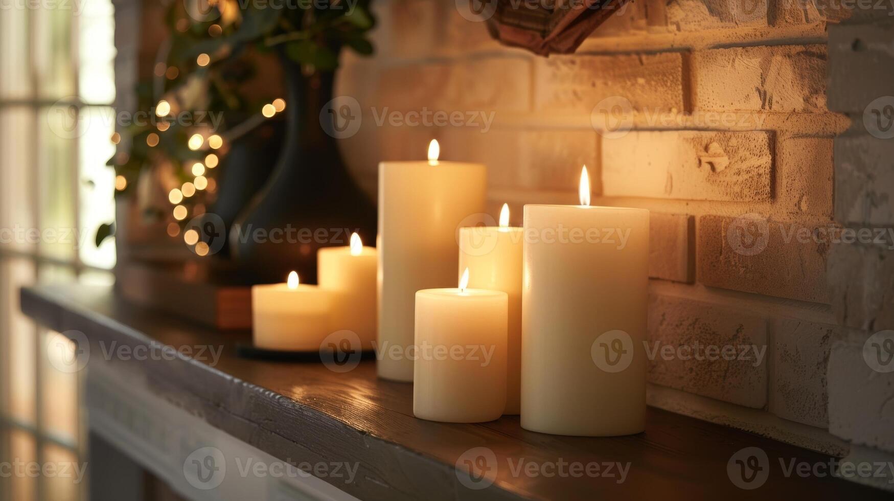 dekorativ Kerzen Linie das Mantel Gießen flackern Schatten und Hinzufügen ein extra Schicht von Ambiente zu das Raum. 2d eben Karikatur foto