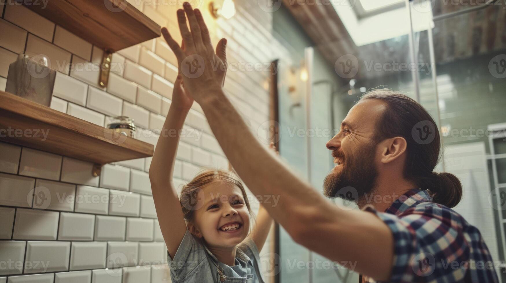 ein Vater und Tochter Mannschaft oben zu Installieren Neu Fliesen im ihr Badezimmer abklatschen jeder andere nach erfolgreich Abschluss das Aufgabe foto
