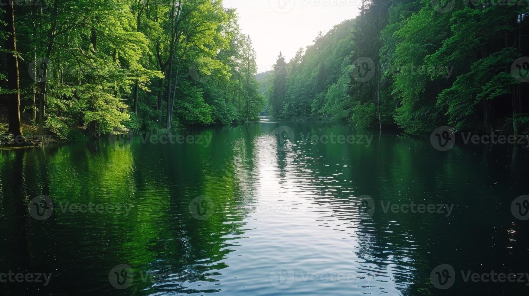 ein heiter See umgeben durch üppig Grün Bäume Angebot ein friedlich Flucht von das betont von täglich Leben foto