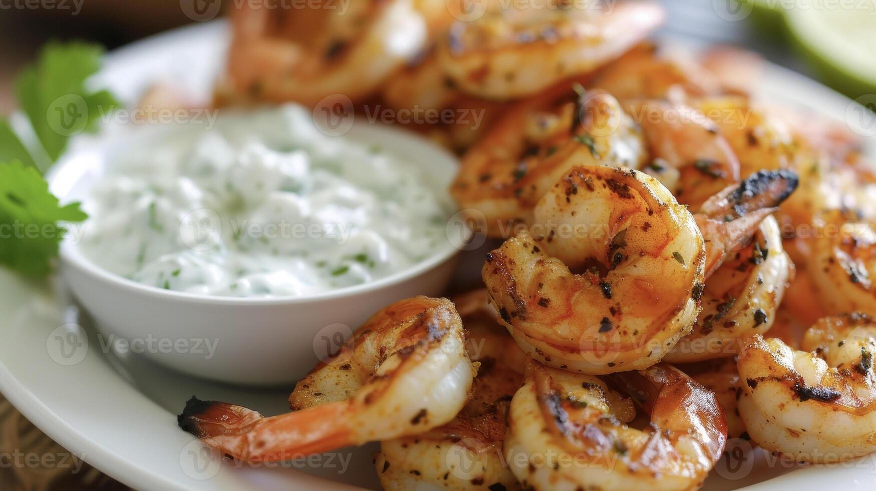 gegrillt Garnele beschichtet im ein feurig Mischung von es und serviert mit ein Seite von cool und cremig Tzatziki Soße foto