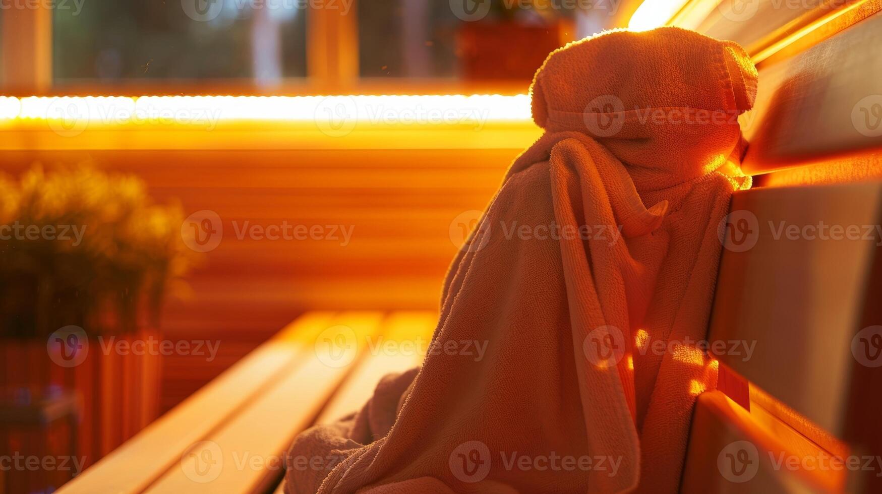 Sitzung bequem auf ein Bank eingewickelt im ein Sanft Handtuch wie das Infrarot Strahlen Start zu trat das Haut und fördern Schweiß. foto