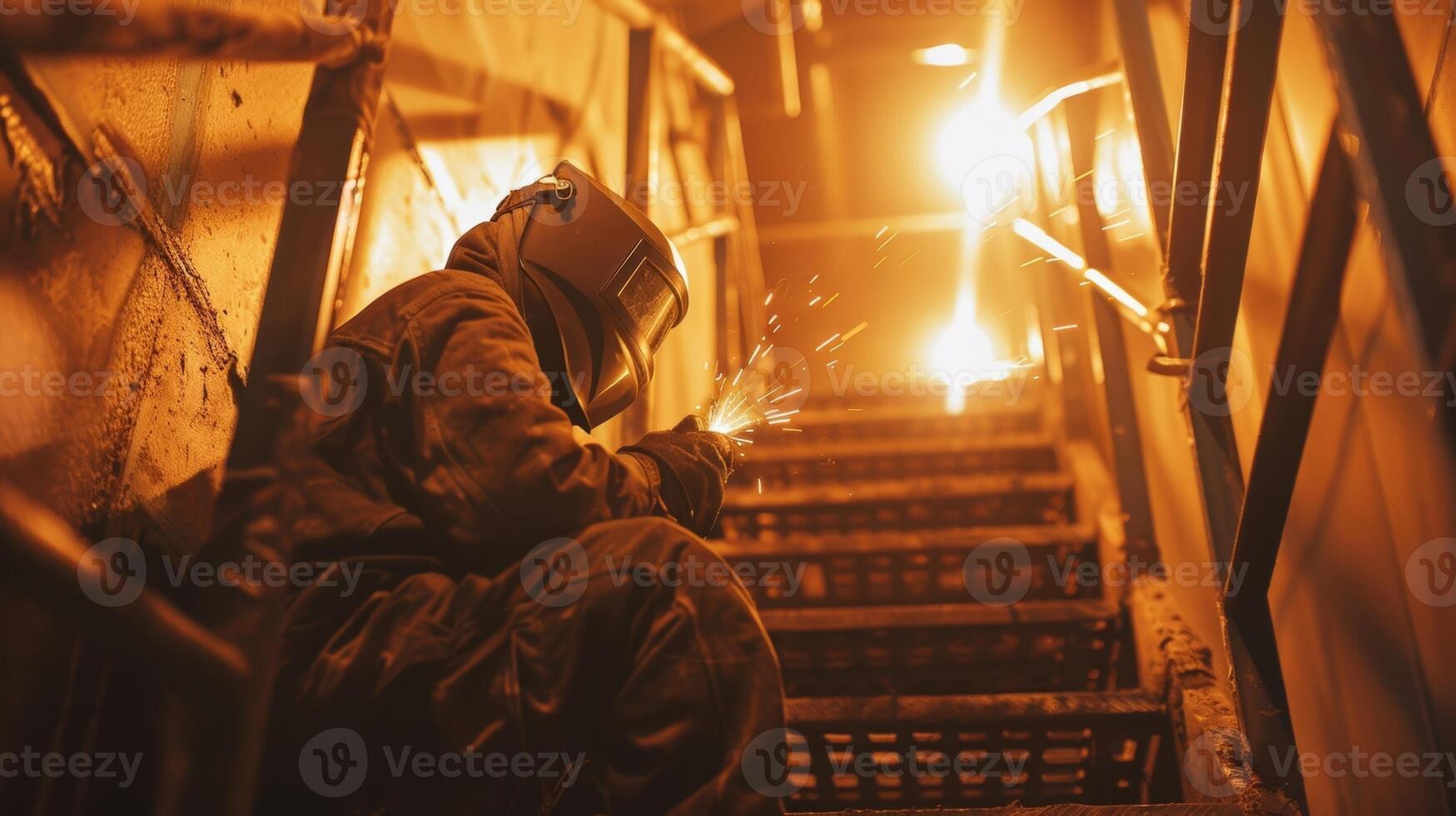 das Schweißen Fackel Abgüsse ein warm Orange Licht auf das Arbeitskräfte schützend Ausrüstung wie Sie Arbeit auf ein Metall Treppe foto