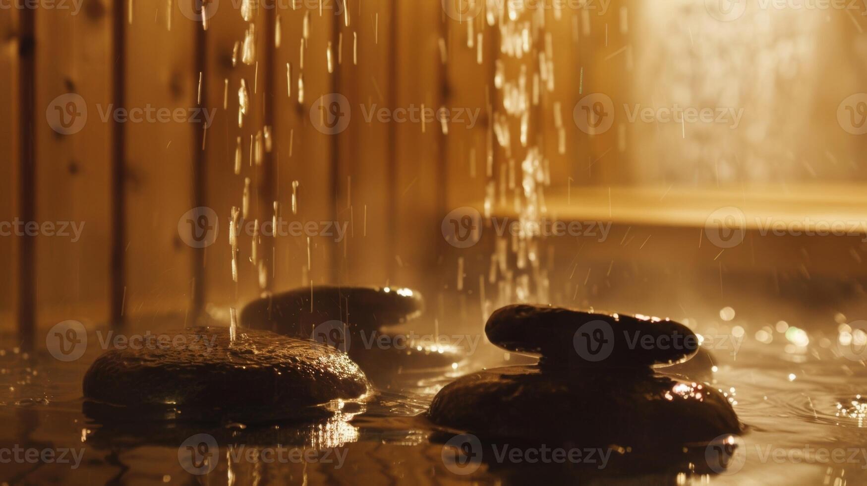 das beruhigend Klang von Wasser tropft auf heiß Steine wie ein Reisender im das Sauna Veröffentlichungen Spannung von ihr Schultern. foto