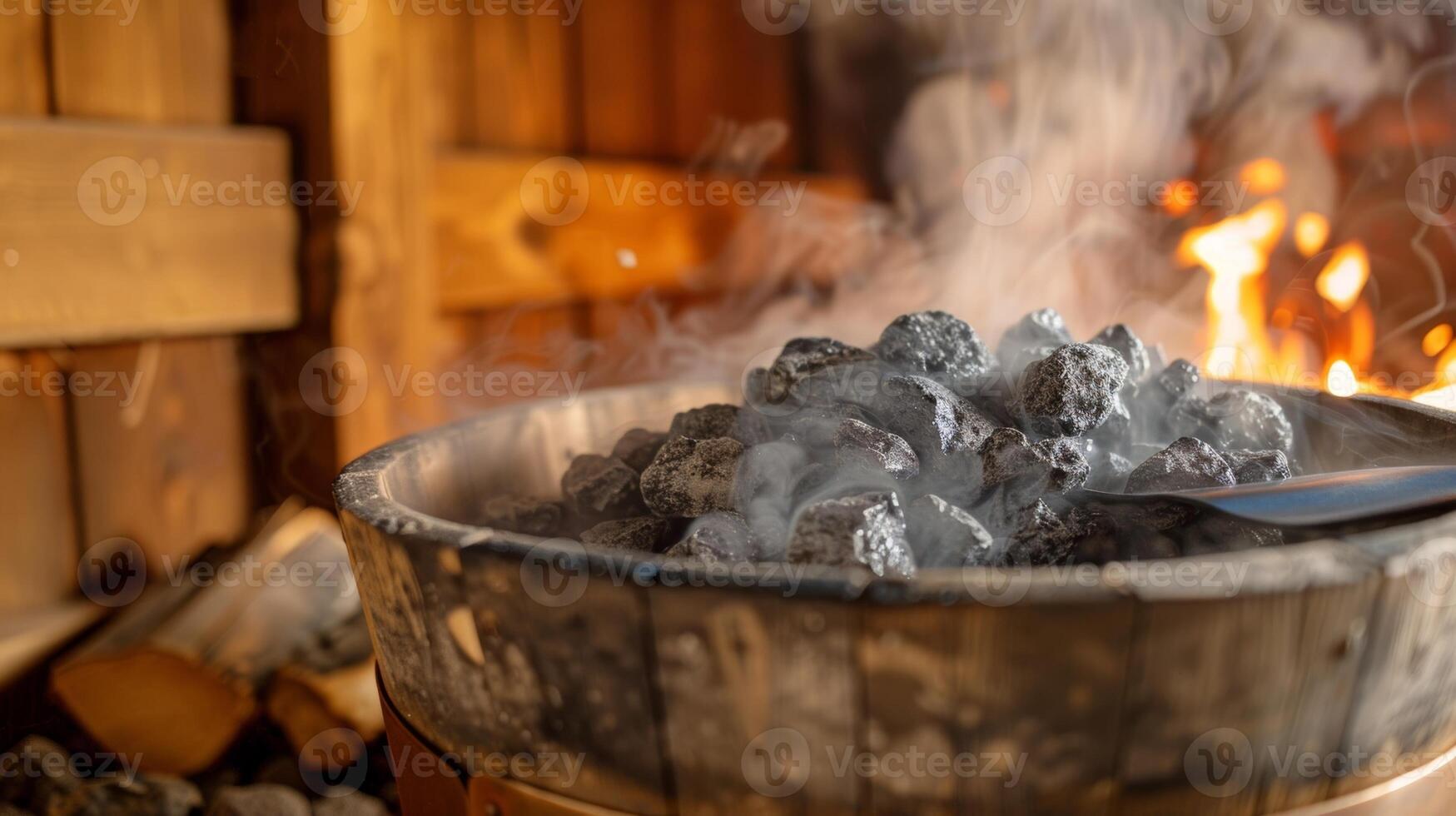 ein Dampf Eimer von heiß Steine Sein gegossen auf zu das Kohlen produzieren ein platzen von Dampf und Hitze zu intensivieren das Sauna Erfahrung. foto