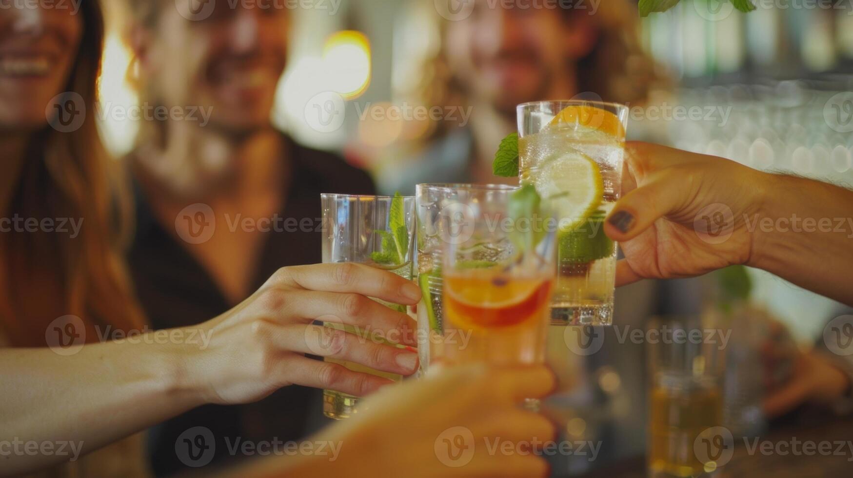Gruppe von freunde teilnehmen im ein Cocktail Geschmack testen Wettbewerb versuchen zu vermuten das Zutaten im jeder trinken foto