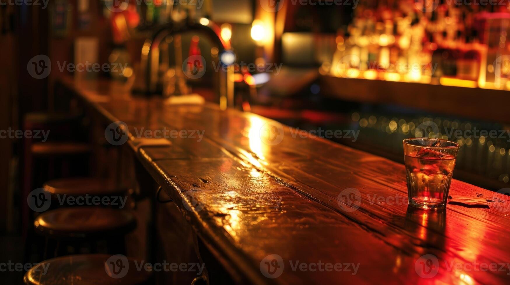 ein schwach zündete Bar mit ein provisorisch Bühne einstellen oben im das Ecke bereit zum ein Nacht von trocken Kneipe Quiz Spaß foto