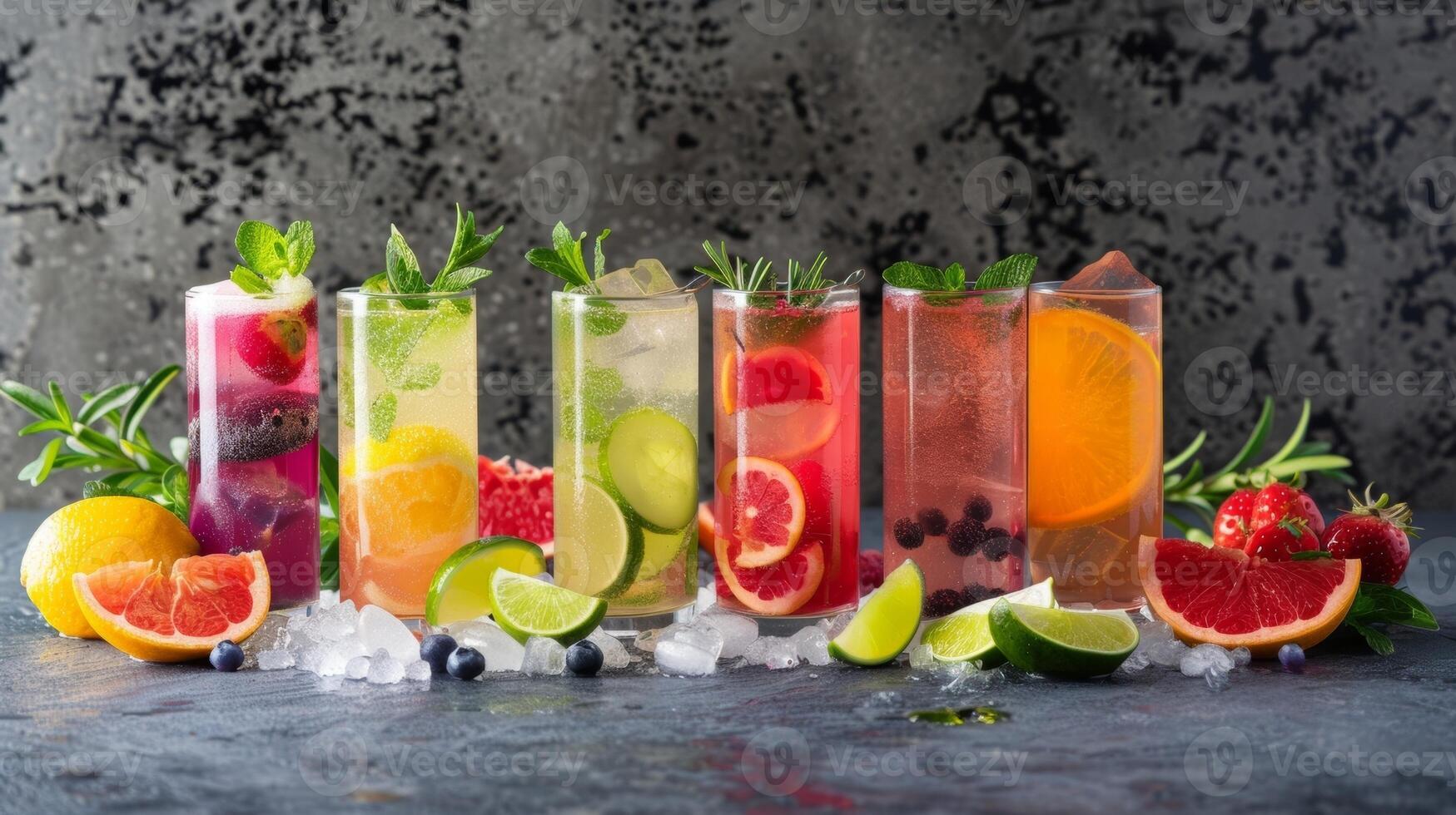ein beschwingt Anzeige von anders flach Cocktail mischt einschließlich fruchtig Mischungen und funkelnd Optionen foto