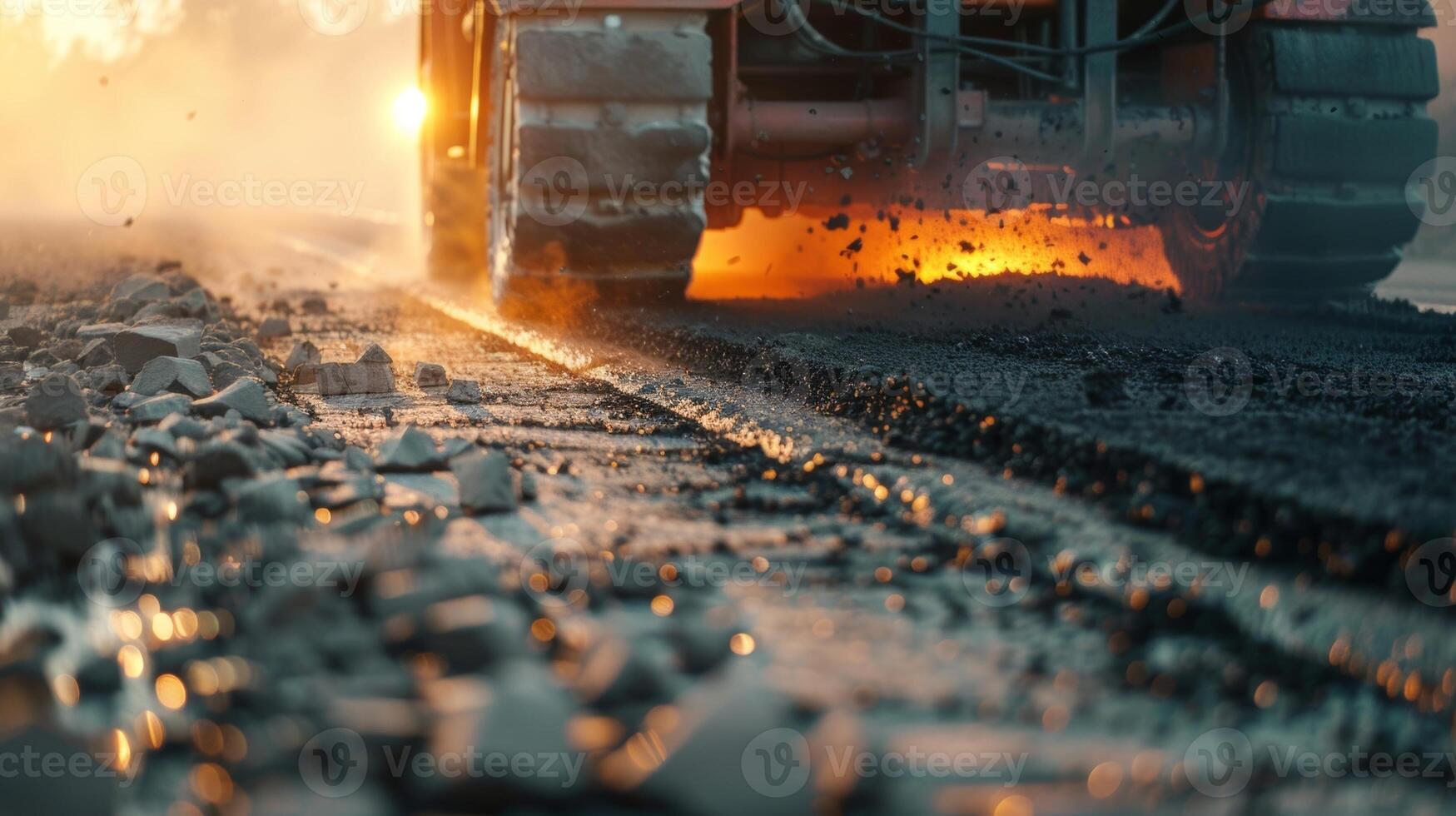 das mächtig Maschine macht einfach Arbeit von das heiß Asphalt verteilen es gleichmäßig wie es bewegt sich entlang das Straße foto