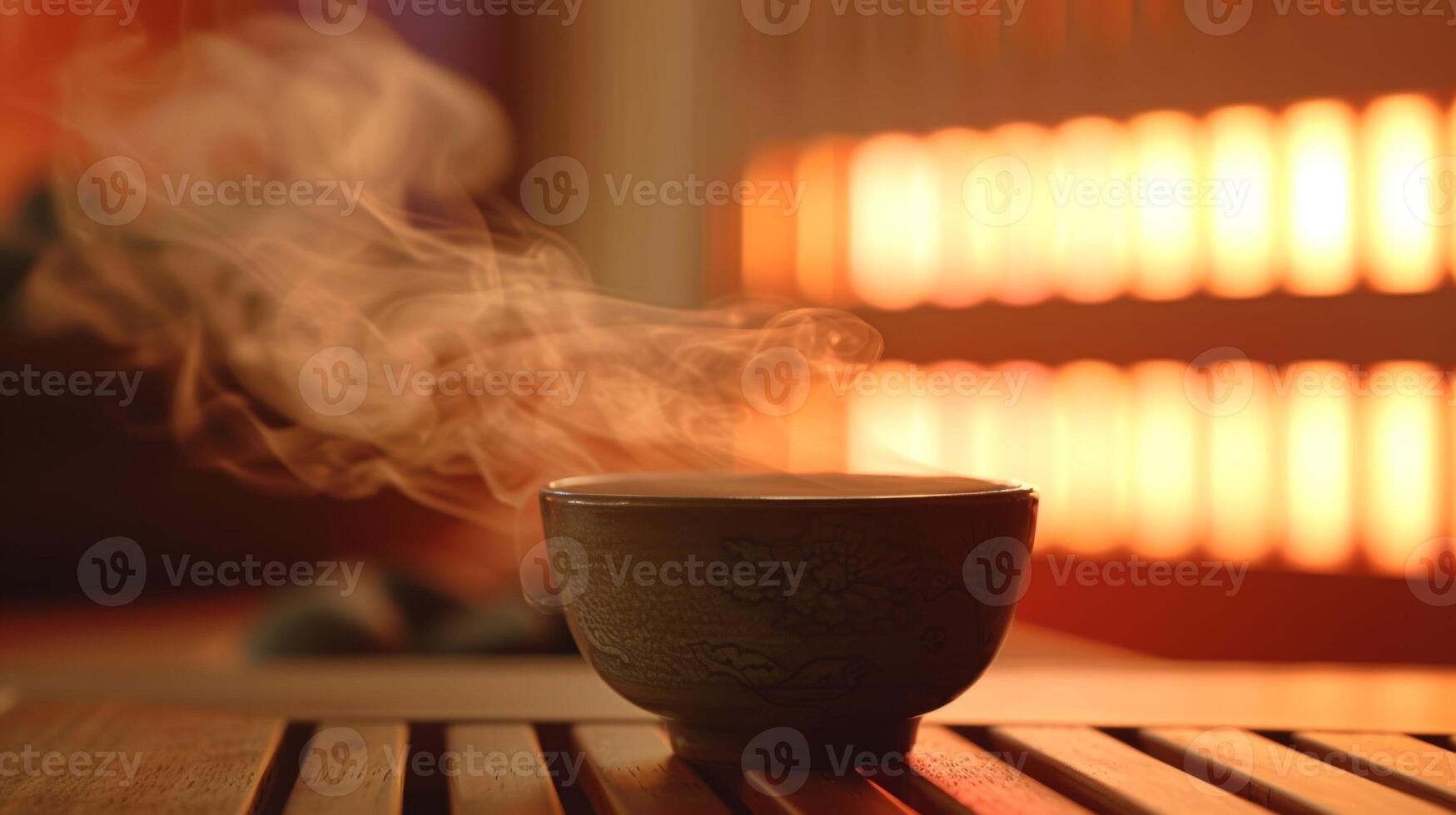 ein Tasse von heiß Kräuter- Tee dämpfen sanft im Vorderseite von ein Person wie Sie sich aalen im das Hitze von ein Infrarot Sauna. das Dampf von das Tee fügt hinzu zu das insgesamt Reinigung und verjüngend foto