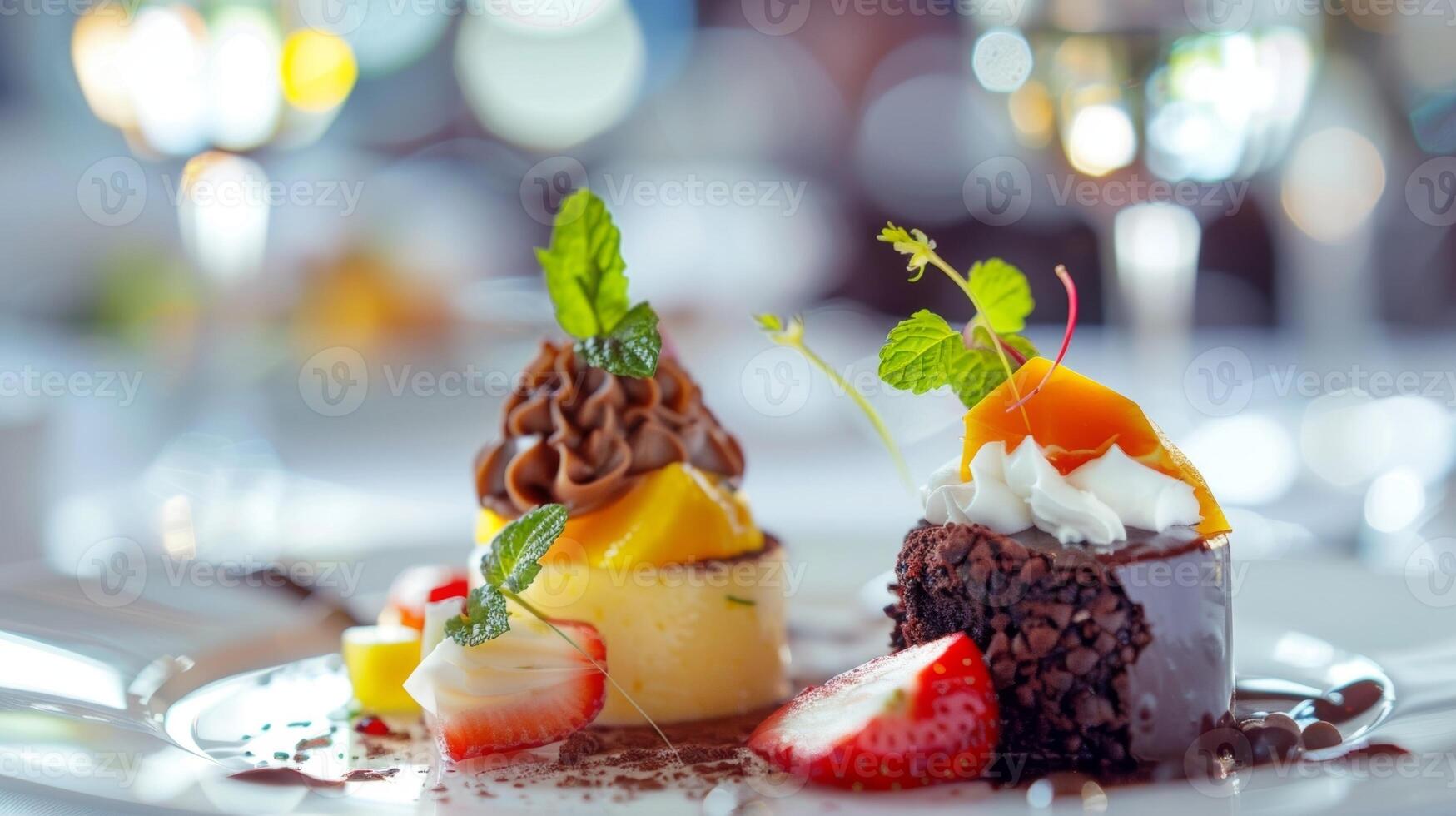 köstlich Dessert Optionen einschließlich dekadent Schokolade und tropisch Obst Geschirr Hinzufügen ein berühren von Süße zu das Abendessen foto