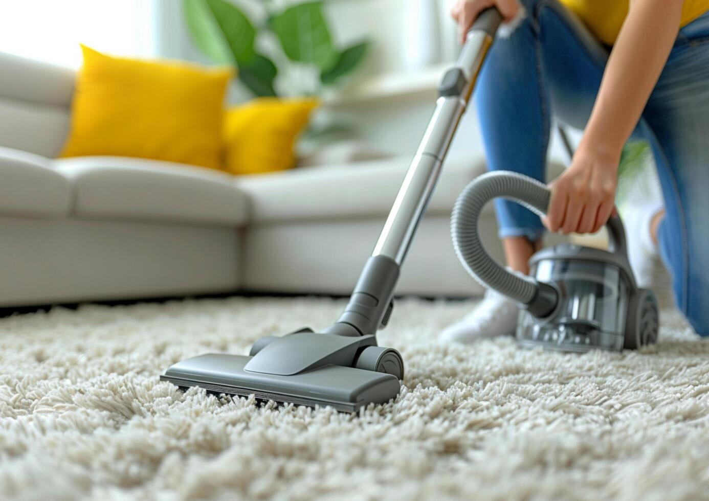 Frau Reinigung mit Vakuum Reiniger Teppich im das Leben Zimmer beim Zuhause generiert durch ai. foto