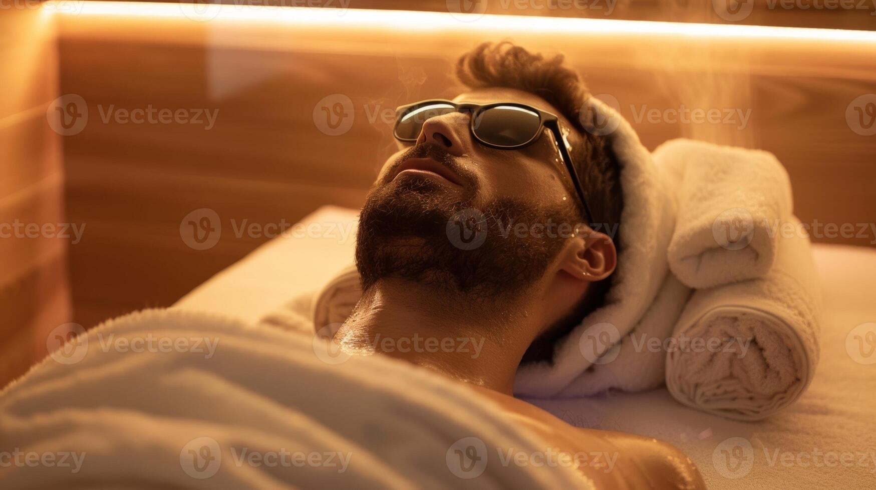 ein Mann Lügen auf ein Sauna Liege mit ein Handtuch Über seine Gesicht infundiert mit ein Mischung von Weihrauch und Zedernholz wesentlich Öle zum ein verjüngend Sitzung. foto