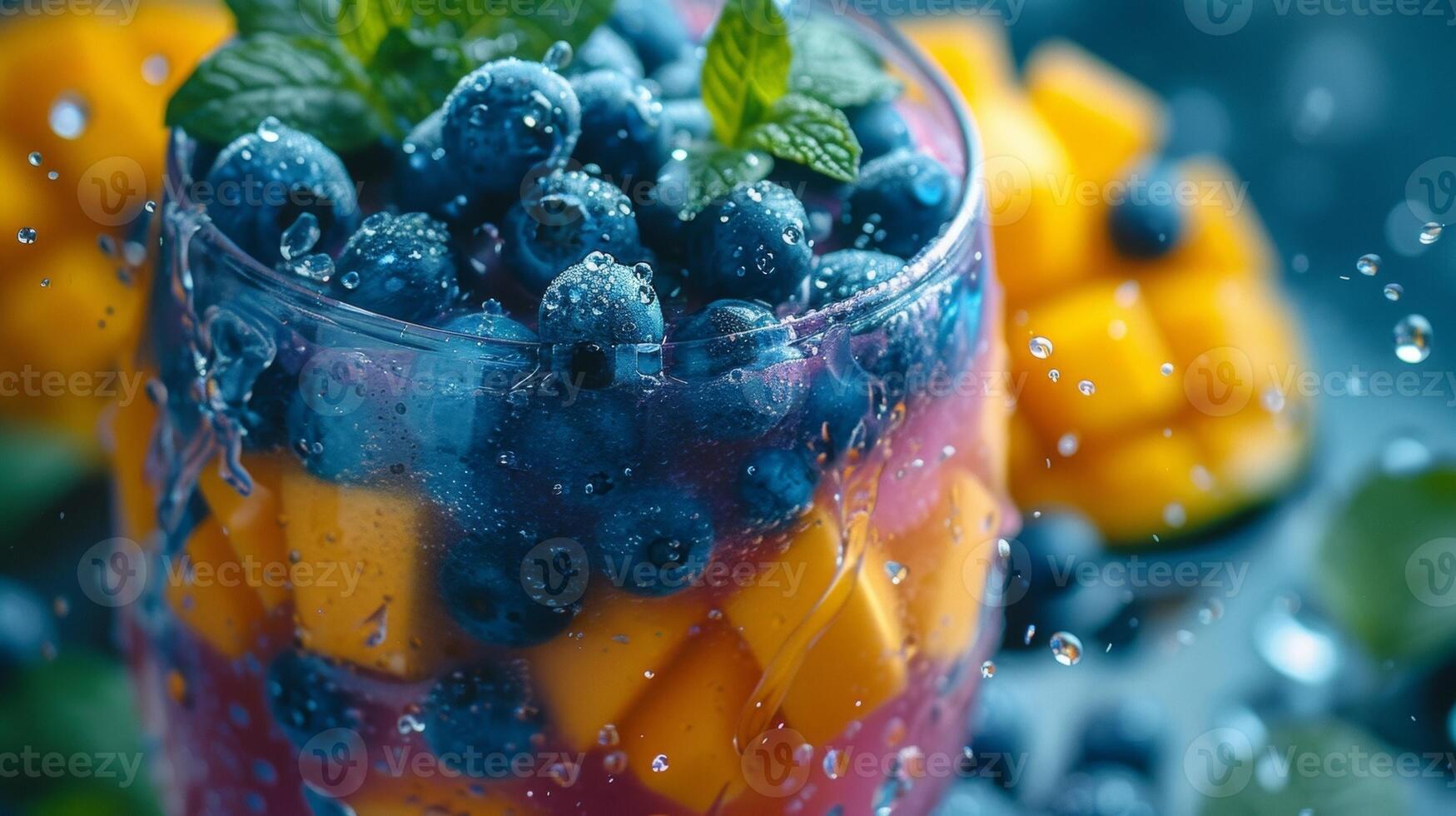 mit neu entdeckt Freiheit im Pensionierung Morgen sind gewidmet zu kunstvoll mischen ein beschwingt Smoothie mit spritzt von Farbe von Blaubeeren Mangos und Grünkohl foto