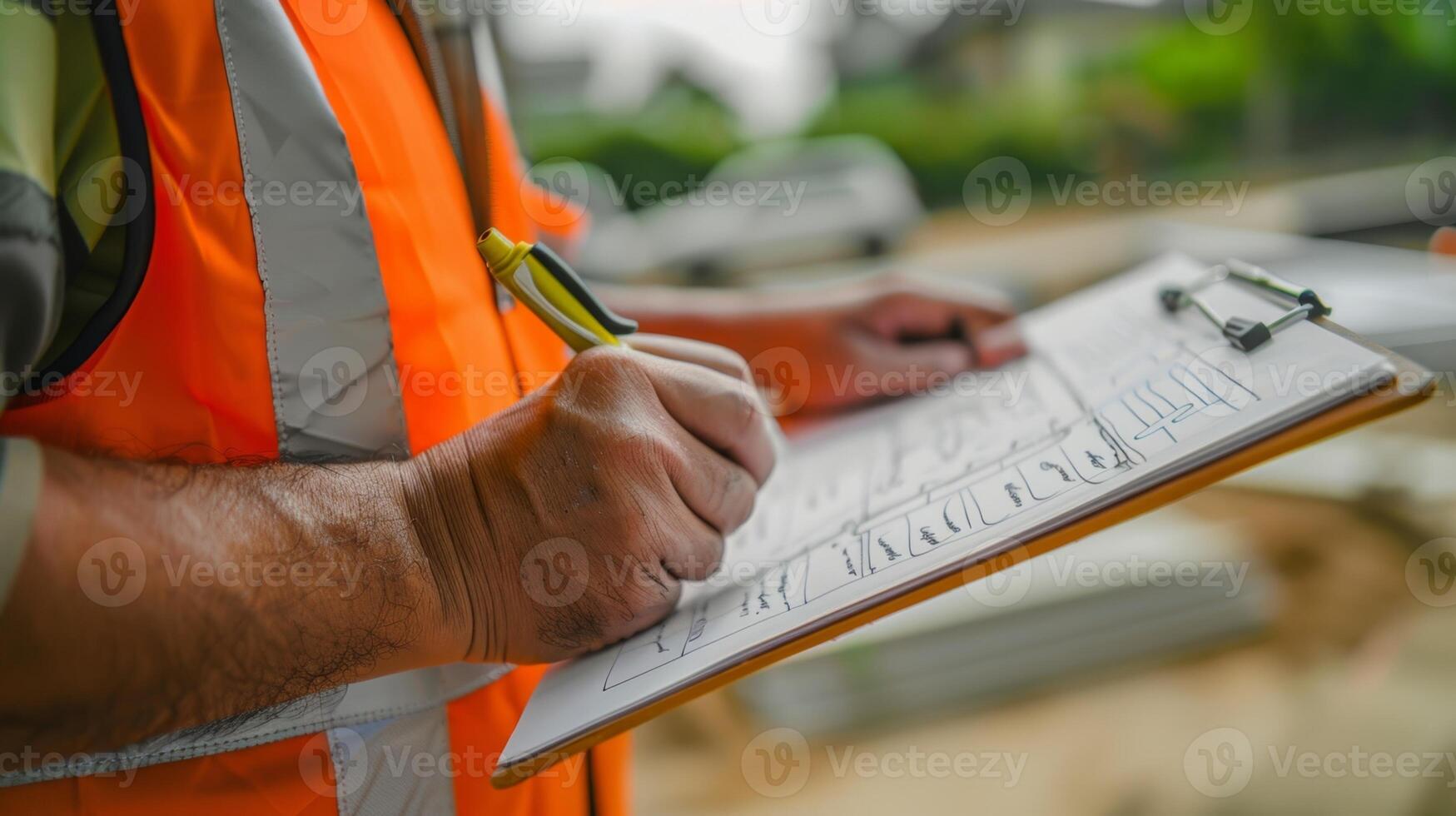 mit ein treu Zwischenablage im Hand das Seite? ˅ Manager Unterlagen irgendein notwendig Änderungen oder Aktualisierung zu das Konstruktion Pläne foto