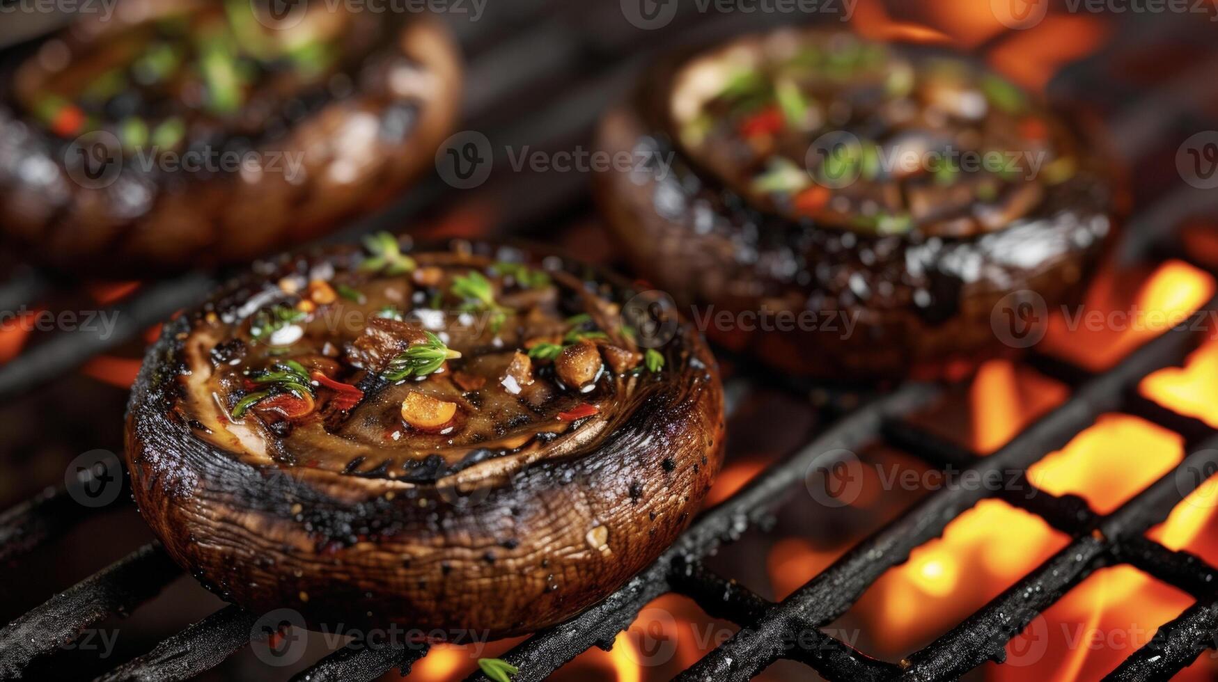 ein herzhaft und befriedigend Vegetarier Möglichkeit diese Feuergegrillt Portobello Pilze sind mariniert im ein Geheimnis Mischung von es Vor Treffen das feurig Hitze von das Grill foto