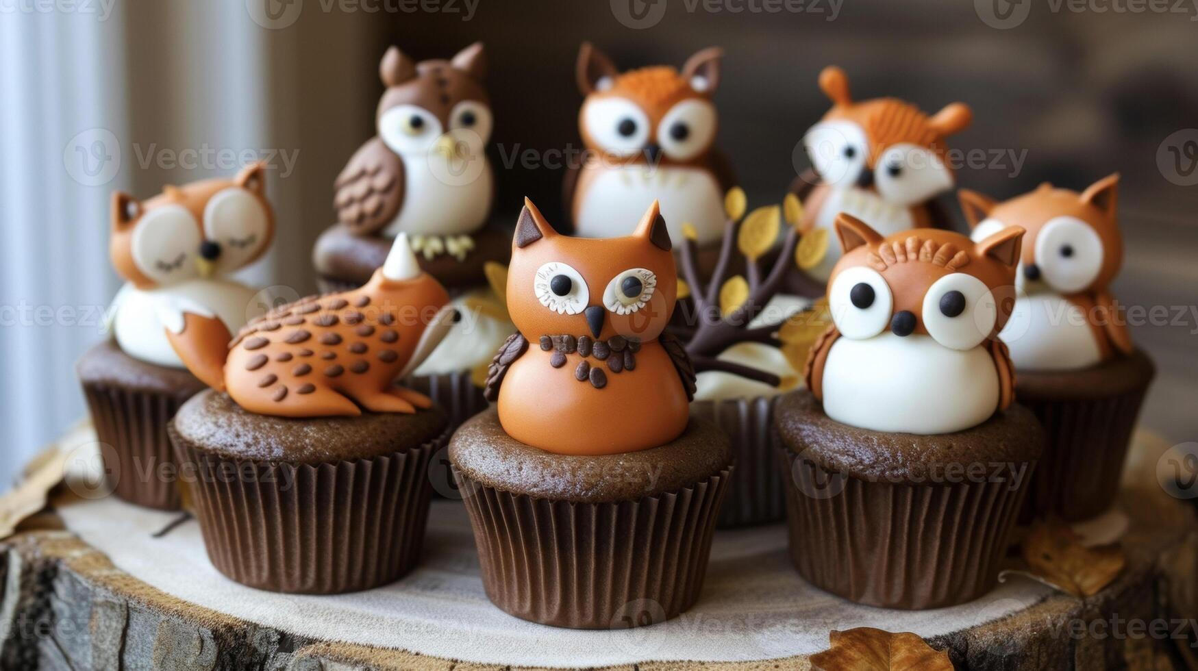 Wer Bedürfnisse ein brüllend Feuer zu behalten warm wann Sie haben ein Teller voll von diese e Cupcakes jeder einer ist dekoriert mit ein anders Wald Kreatur von e wenig Füchse zu weise Eulen foto